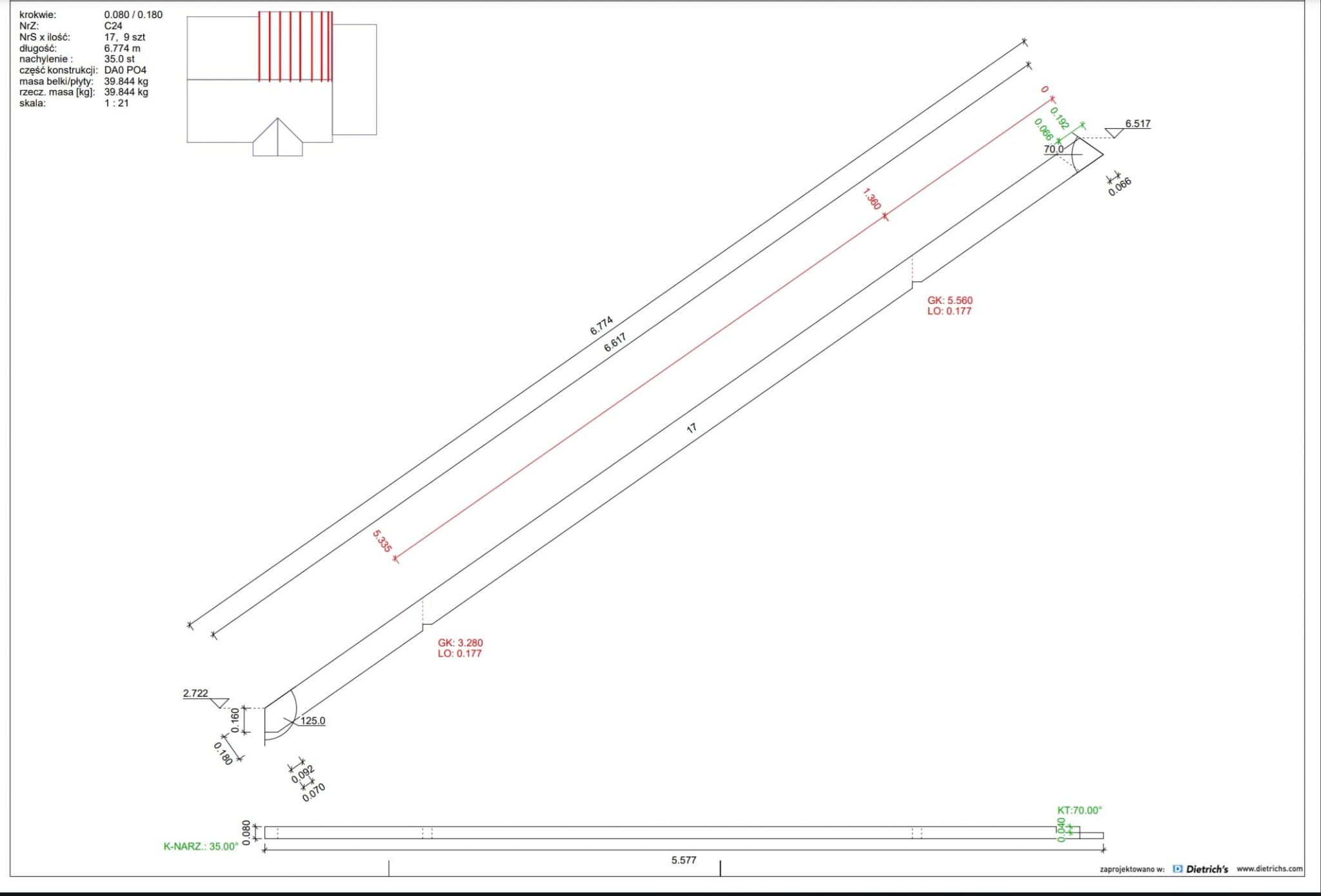 Schemat techniczny więźby dachowej z wymiarami i kątami, widok izometryczny, z detalami konstrukcyjnymi i oznaczeniami, wykonany w programie Dietrich's.