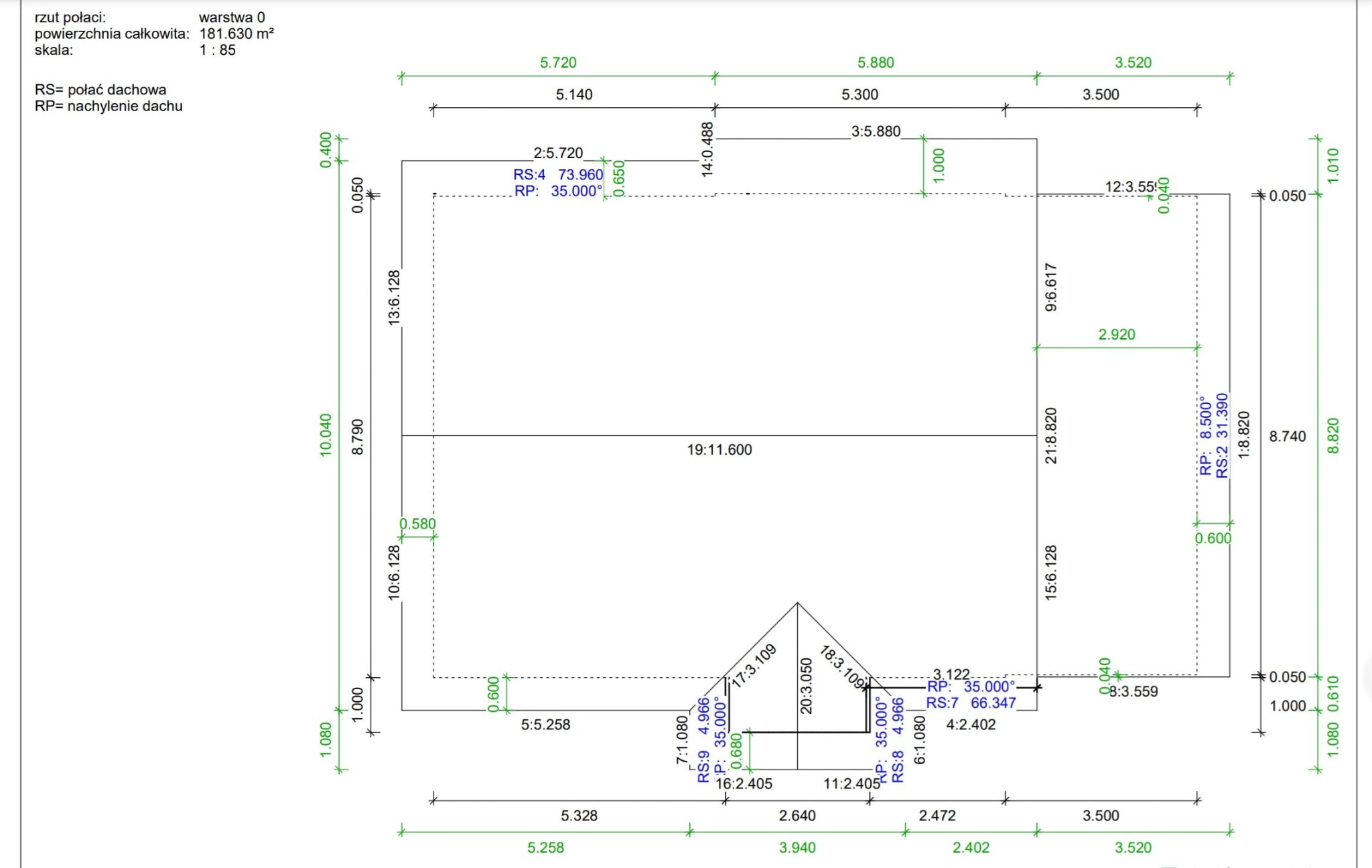 Rzut połaci dachu z wymiarami i oznaczeniami kątów nachylenia. Plan techniczny z precyzyjnymi detalami konstrukcyjnymi i opisami. Skala 1:85.