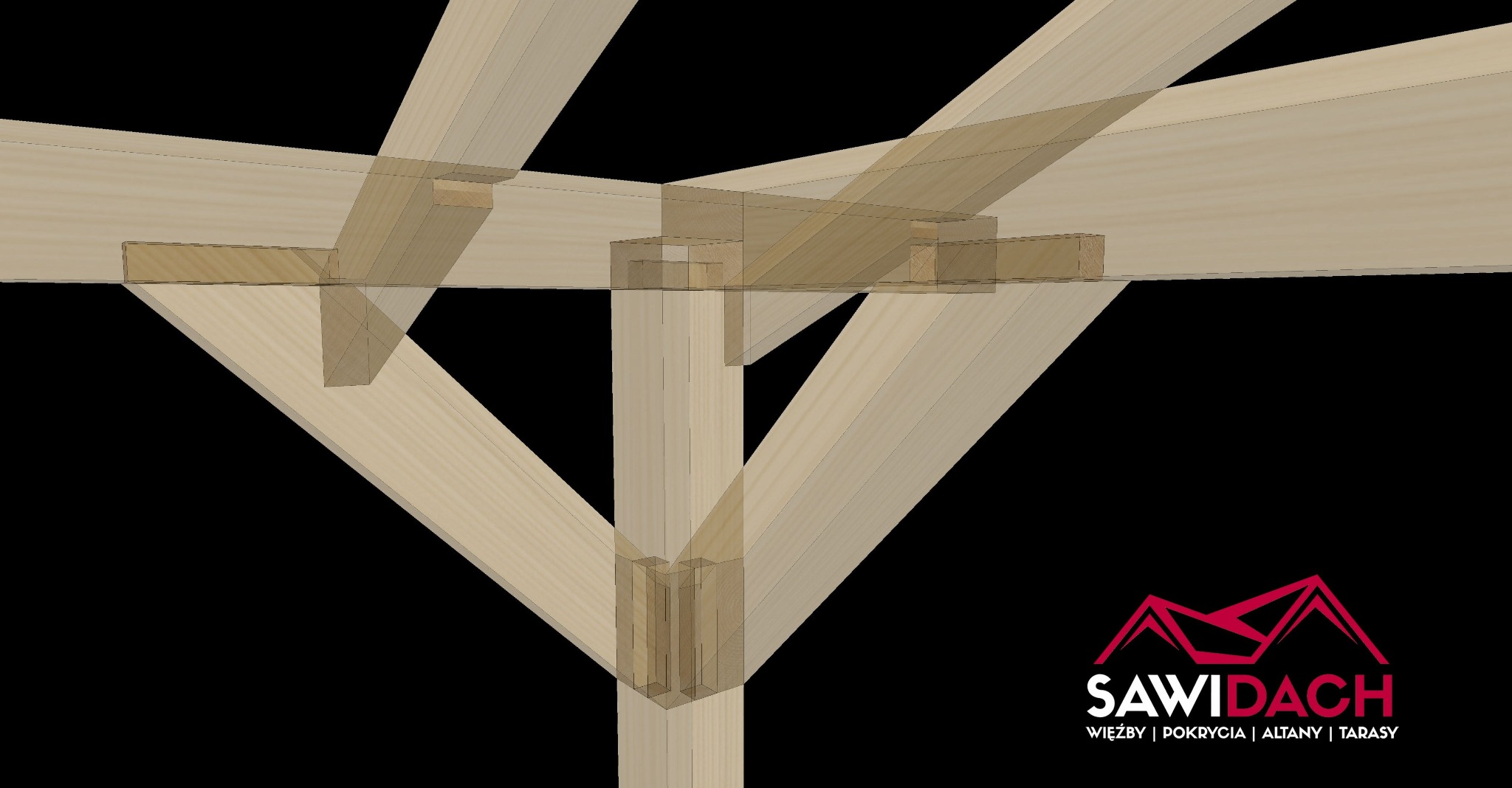 Wizualizacja 3D drewnianej konstrukcji więźby dachowej z widocznymi połączeniami ciesielskimi, na czarnym tle z logo firmy Sawidach.