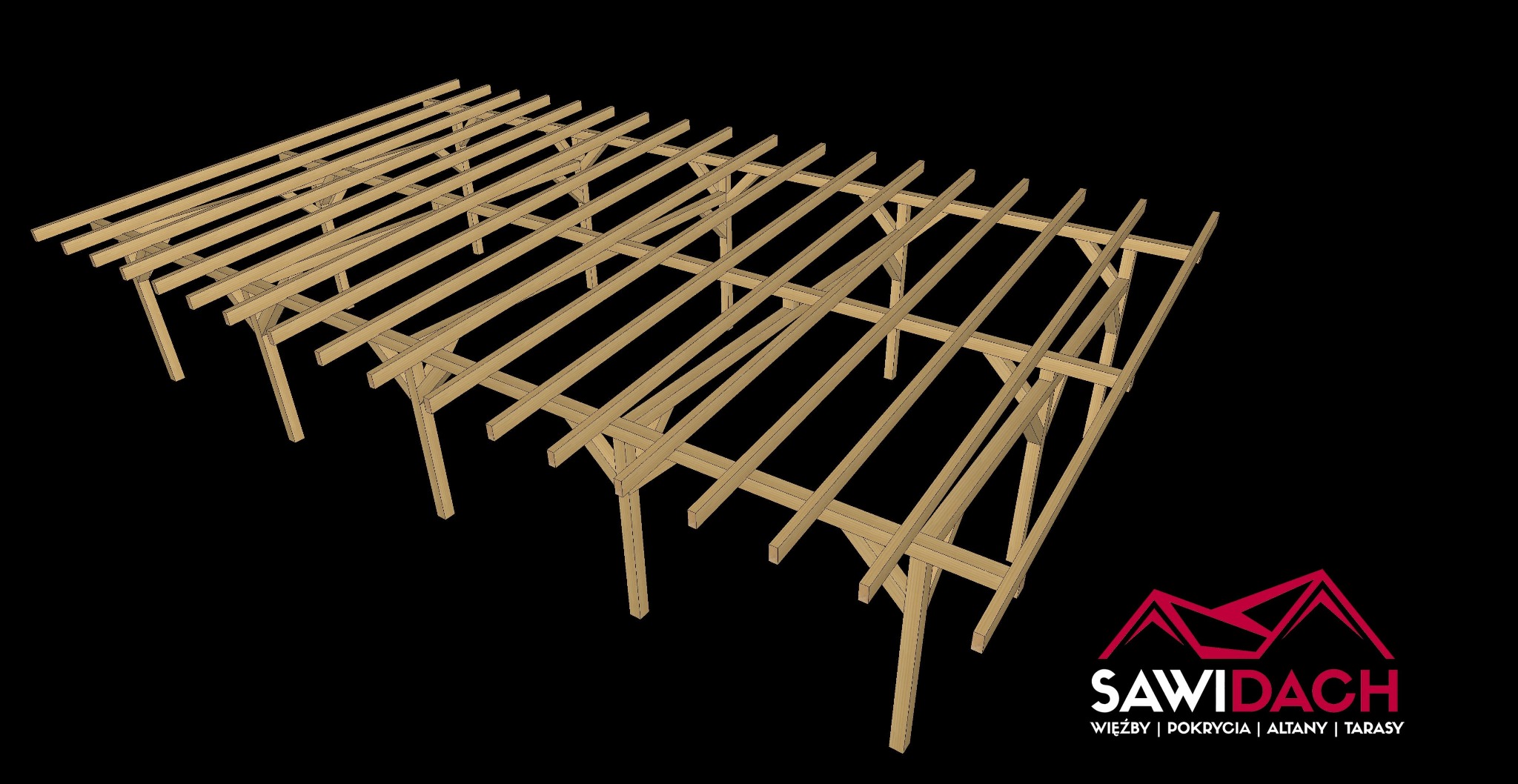 Wizualizacja 3D drewnianej konstrukcji dachu lub pergoli na czarnym tle, z logo firmy Sawidach w prawym dolnym rogu. Widok z góry, ukazujący regularny układ belek.