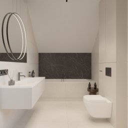 Karolina Kordyś Design - Minimalistyczna łazienka w beżach z czarnym akcentem marmuru na ścianie. Wisząca toaleta, umywalka i okrągłe lustro z podświetleniem LED.