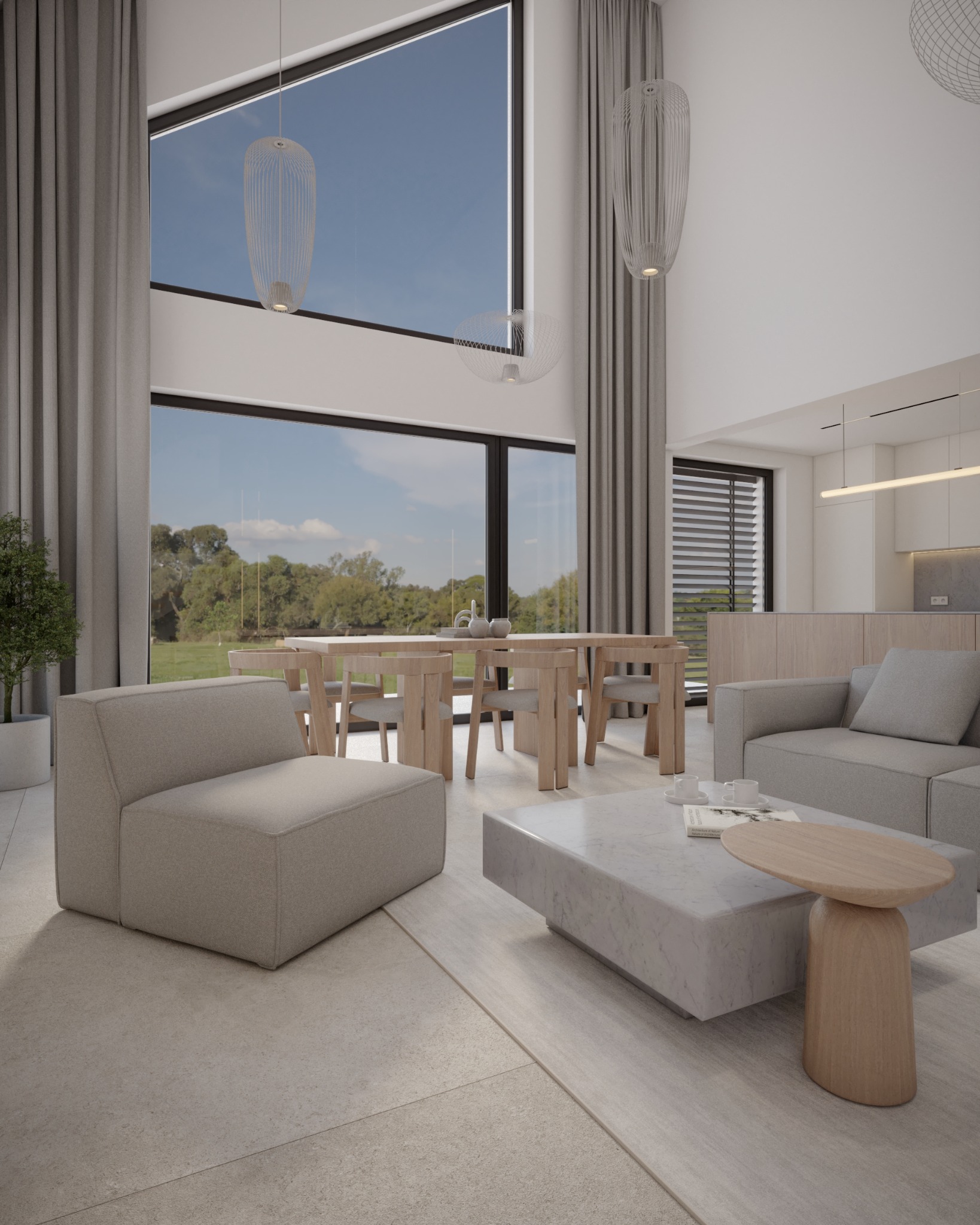 Jasne wnętrze z dużymi oknami i minimalistycznym wystrojem. Widoczny salon z sofą, stolikiem kawowym i jadalnią. Naturalne światło podkreśla neutralną paletę barw.