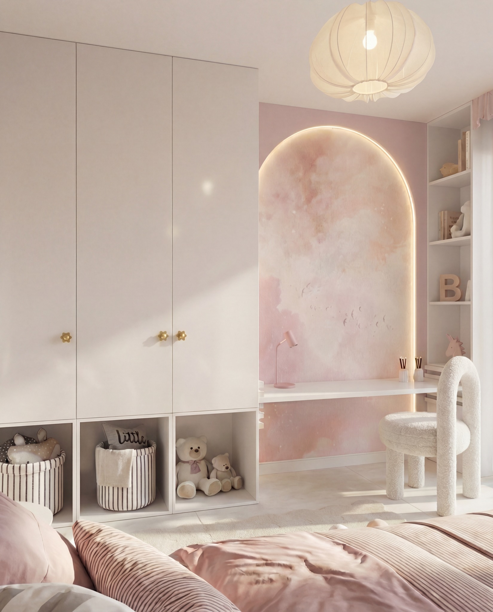 Pokój dziecięcy w pastelowych różach: białe meble, biurko z oświetleniem LED, pluszowy fotel i dekoracyjna ściana z motywem chmur. Przytulne i stylowe wnętrze.
