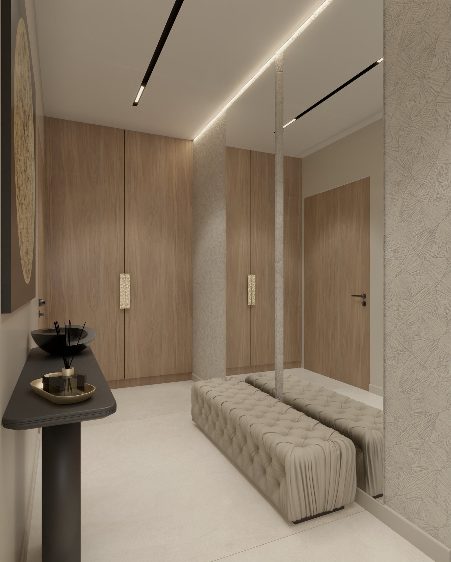 Nowoczesny przedpokój z drewnianą zabudową, lustrem i tapicerowaną ławką. Minimalistyczny design z oświetleniem LED i dekoracyjnymi akcentami.