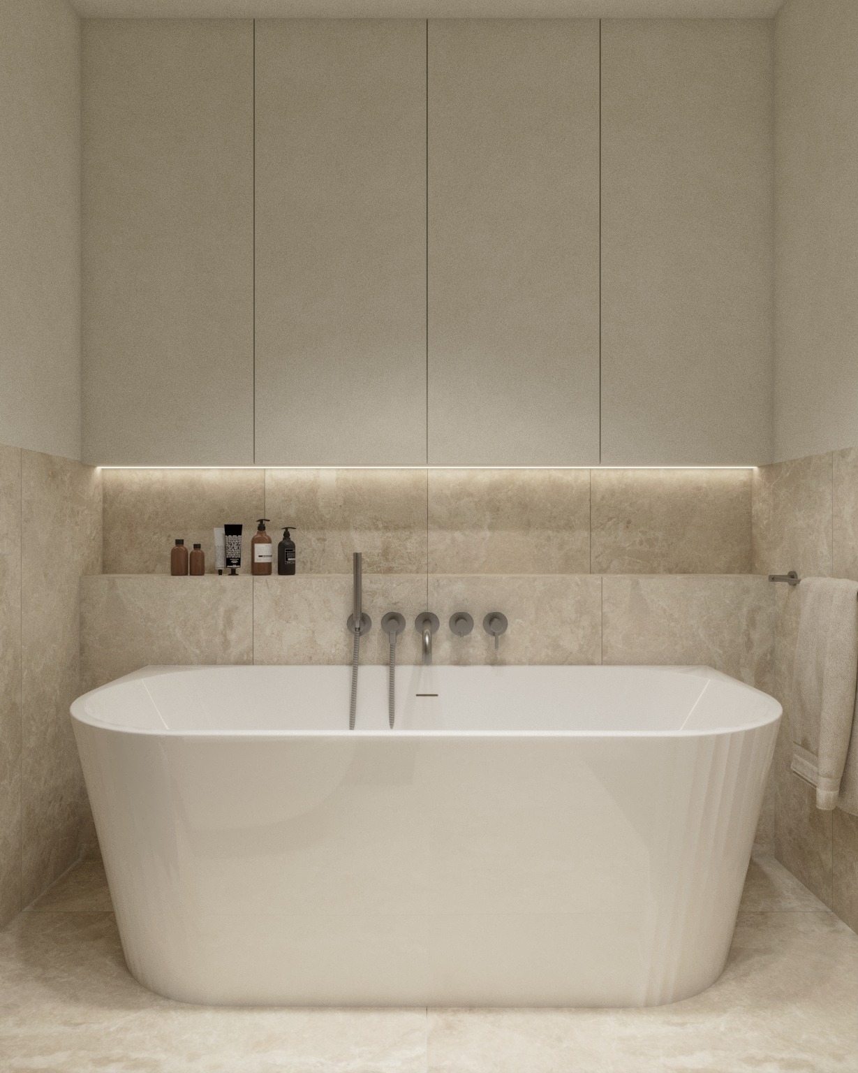 Beżowa łazienka z wolnostojącą wanną, minimalistycznymi szafkami i subtelnym oświetleniem LED. Umywalka z baterią ścienną. Neutralna kolorystyka, nowoczesny design.