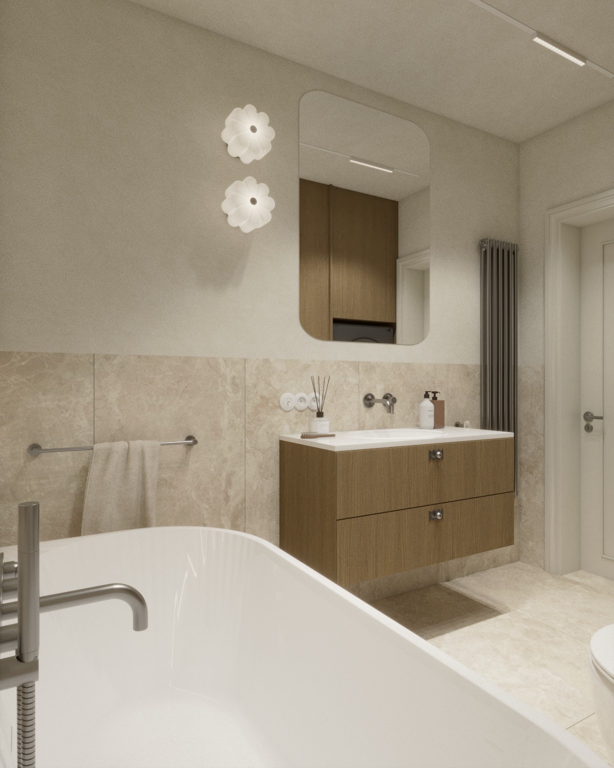 Wizualizacja łazienki z wanną, umywalką z szafką w odcieniach beżu i brązu. Na ścianie lustro o zaokrąglonych rogach i dekoracyjne lampy w kształcie kwiatów.