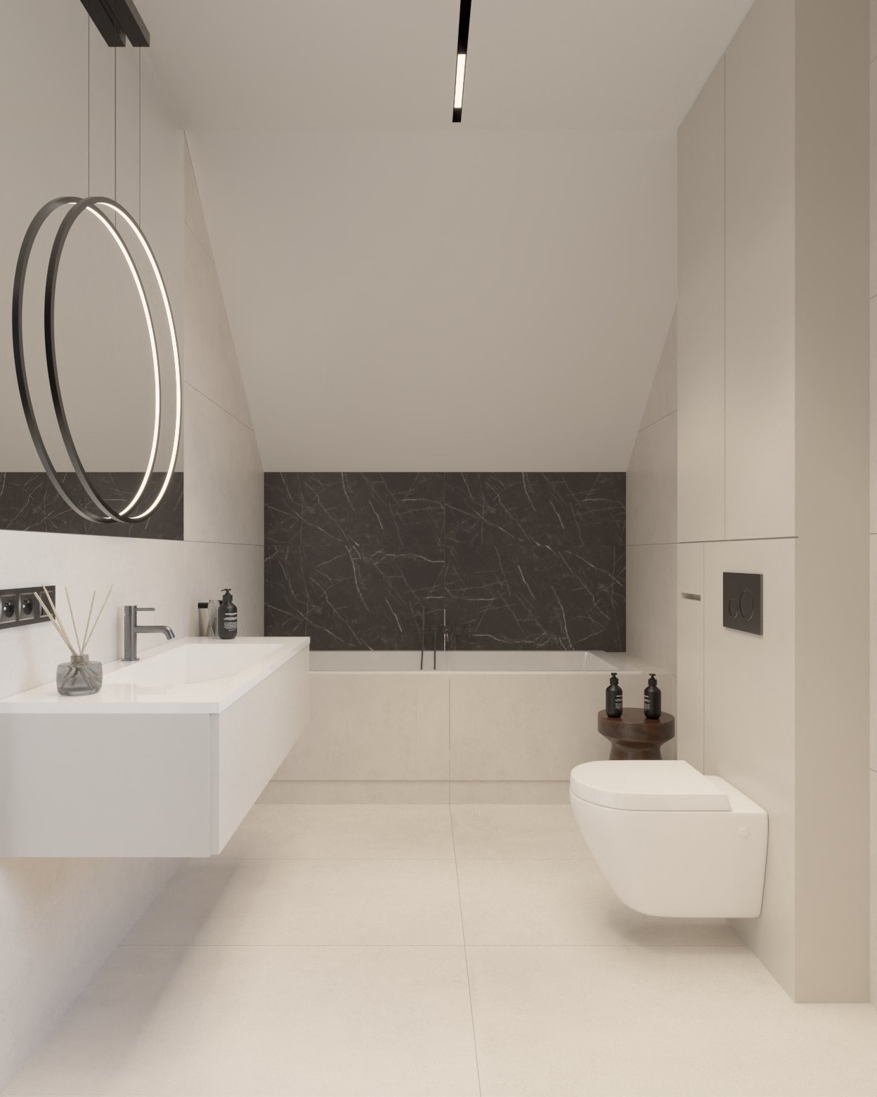Minimalistyczna łazienka w beżach z czarnym akcentem marmuru na ścianie. Wisząca toaleta, umywalka i okrągłe lustro z podświetleniem LED.