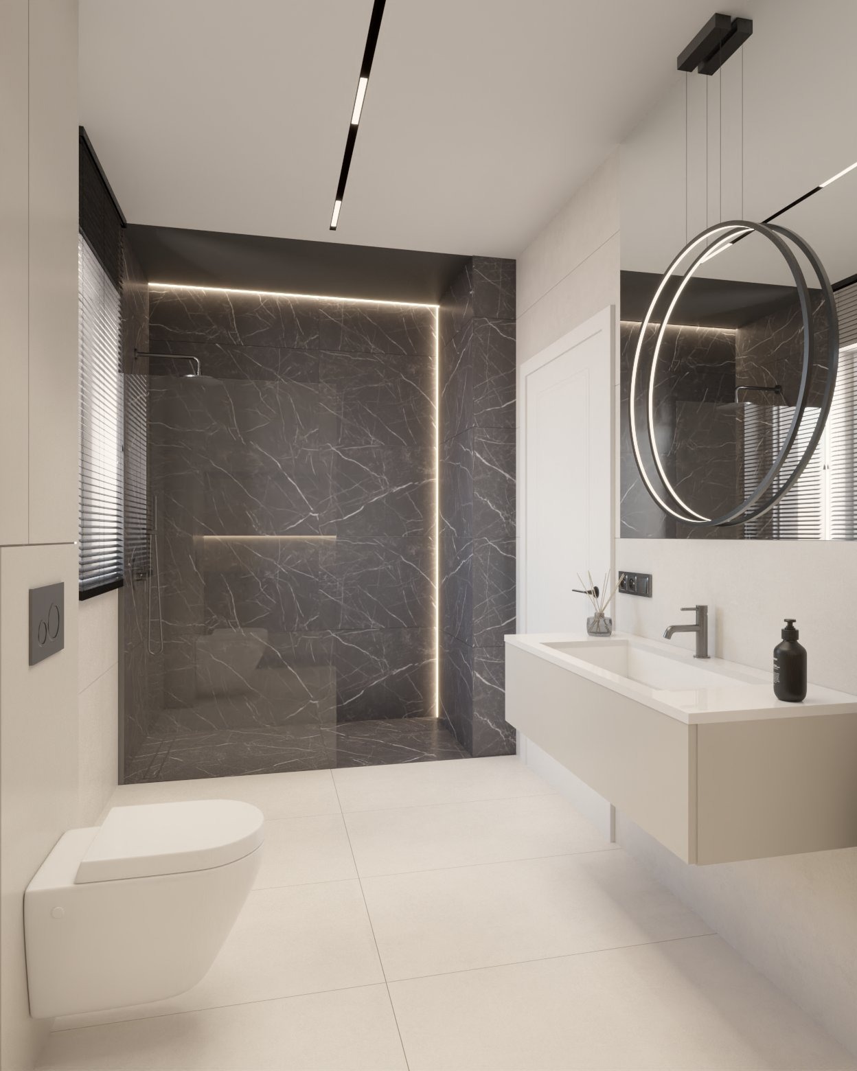 Nowoczesna łazienka z kabiną prysznicową wyłożoną płytkami imitującymi marmur, podświetloną listwą LED. Umywalka nablatowa z okrągłym lustrem i designerską lampą.