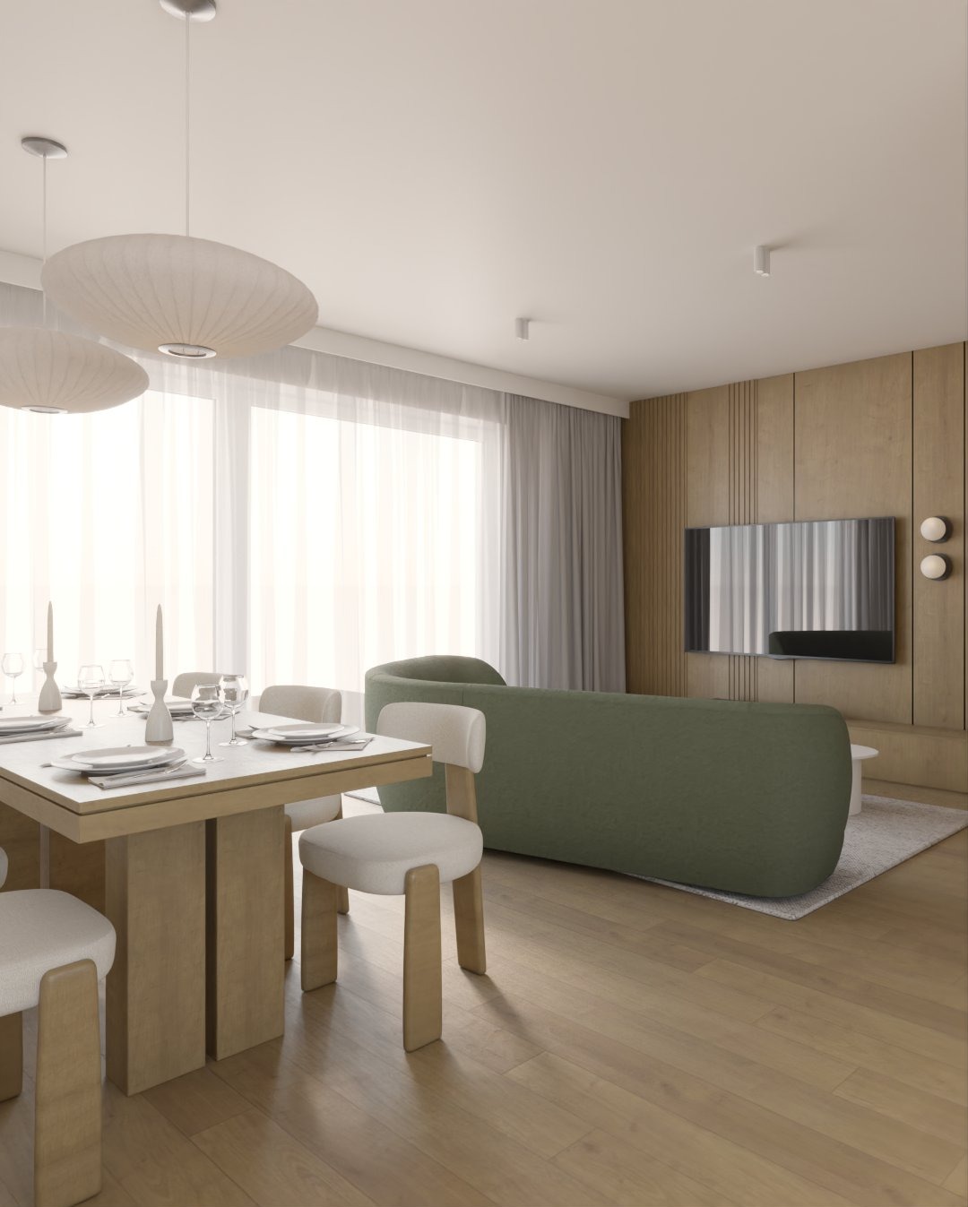 Jasne wnętrze: stół z zastawą, krzesła z tapicerką boucle, sofa w odcieniach zieleni i drewniana ściana z telewizorem. Minimalistyczny design, ciepłe oświetlenie.