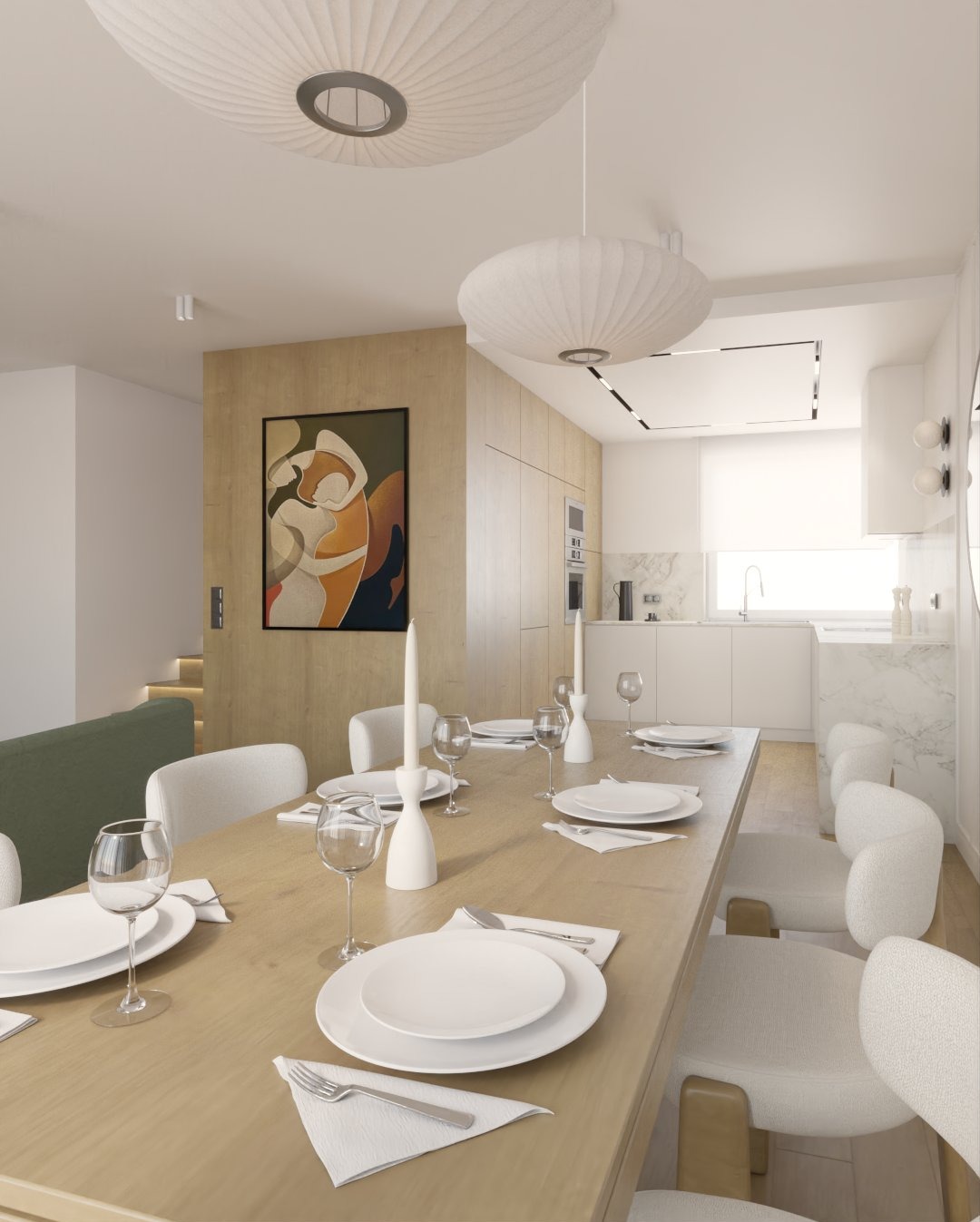 Stylowa jadalnia w Sosnowcu z drewnianym stołem, białymi krzesłami i dekoracyjnym oświetleniem. Obraz na ścianie dodaje charakteru wnętrzu. Nowoczesny design.