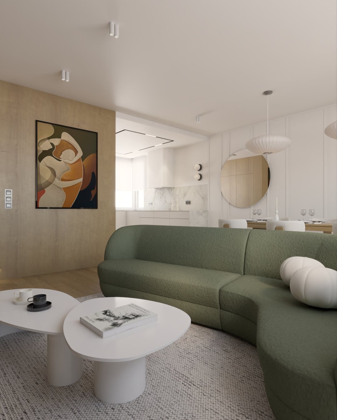 Nowoczesny salon z zieloną sofą modułową, białymi stolikami kawowymi i abstrakcyjnym obrazem. Oświetlenie punktowe i okrągłe lustro dodają elegancji.