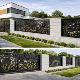 ILEO Beata Czaja - Nowoczesne ogrodzenie panelowe z motywem liści i przesuwna brama wjazdowa, zintegrowane z kamiennym murem. Minimalistyczny dom w tle, zadbany trawnik i ścieżka.