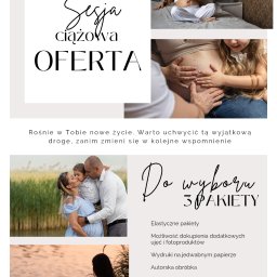 Sylwia Złotek Fotografia - Kolaż zdjęć z sesji ciążowej: przyszła mama na łóżku, dłoń dziecka na brzuchu, rodzina w plenerze, kobieta nad wodą. Oferta z pakietami i rezerwacją terminu.