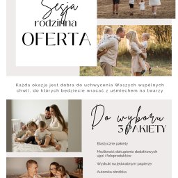 Sylwia Złotek Fotografia - Oferta sesji rodzinnej: kolaż zdjęć rodzinnych w ciepłych barwach, z tekstem o pakietach i rezerwacji. Romantyczne ujęcia w plenerze i w studio.