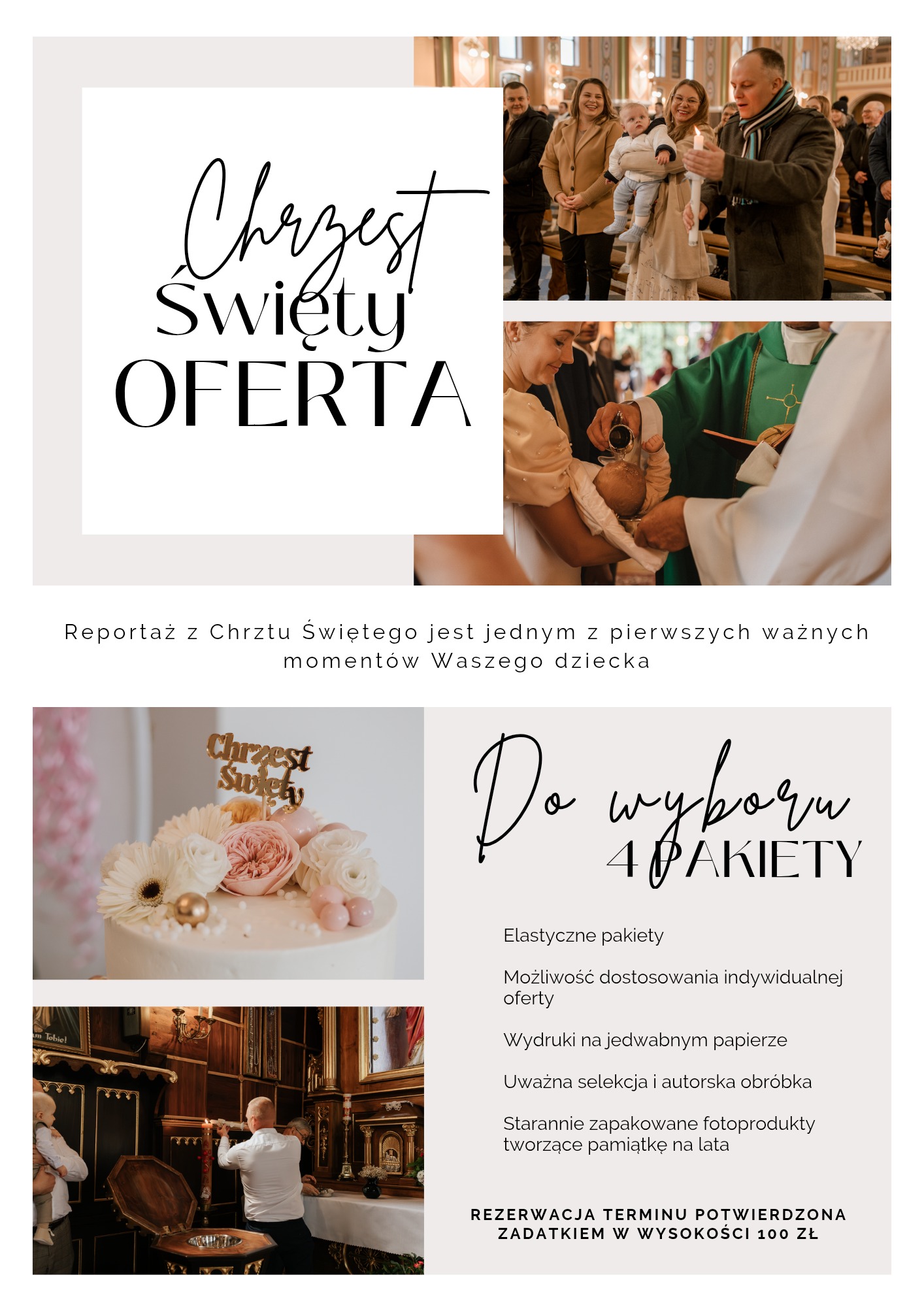 Kolaż zdjęć z uroczystości Chrztu Świętego: moment chrztu, tort z napisem, rodzina z dzieckiem, wnętrze kościoła. Oferta fotografa na chrzest.