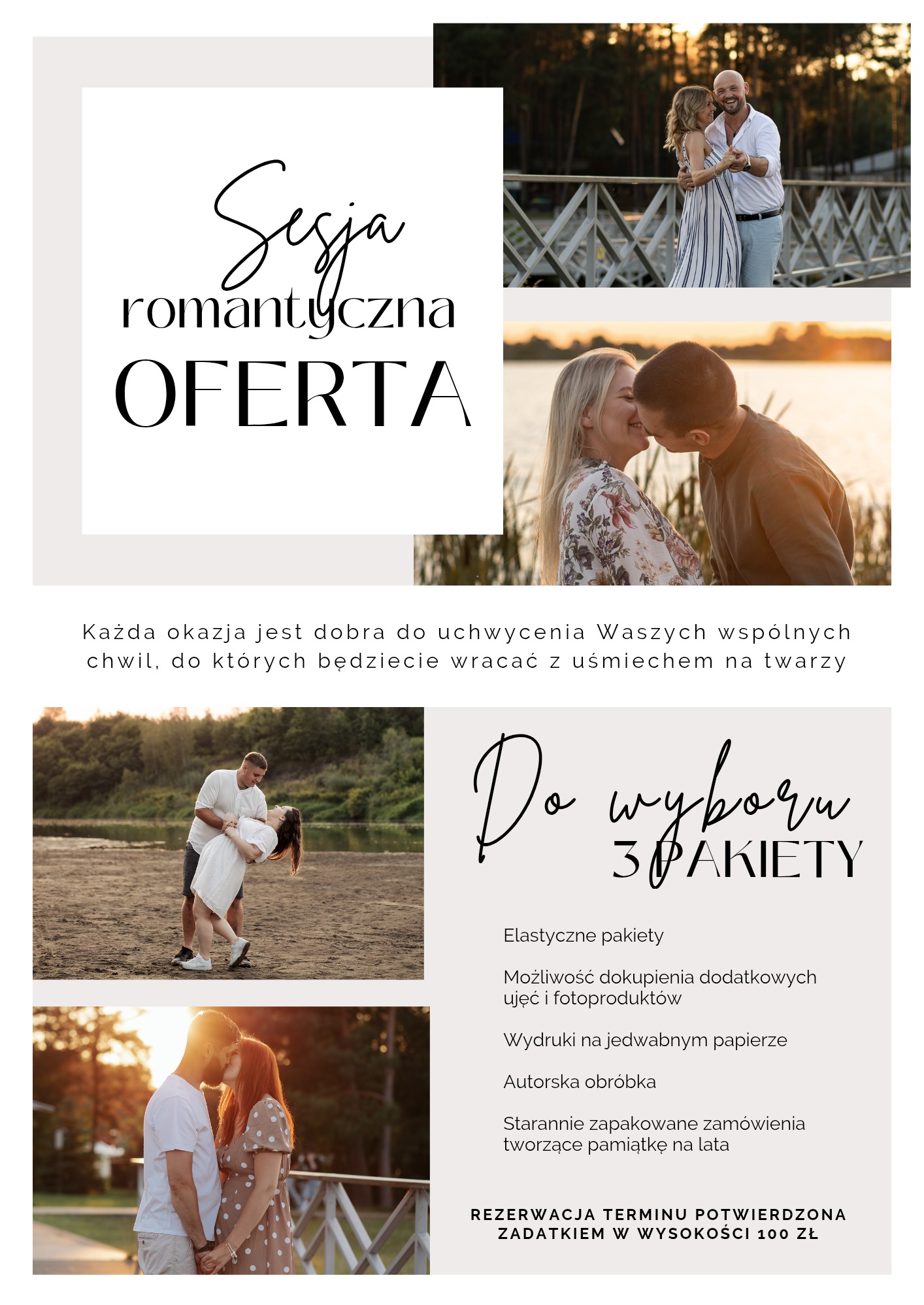 Oferta sesji romantycznej: kolaż zdjęć par w plenerze, od ujęć na moście po pocałunki w promieniach zachodzącego słońca. Promocja pakietów z autorską obróbką i wydrukami.