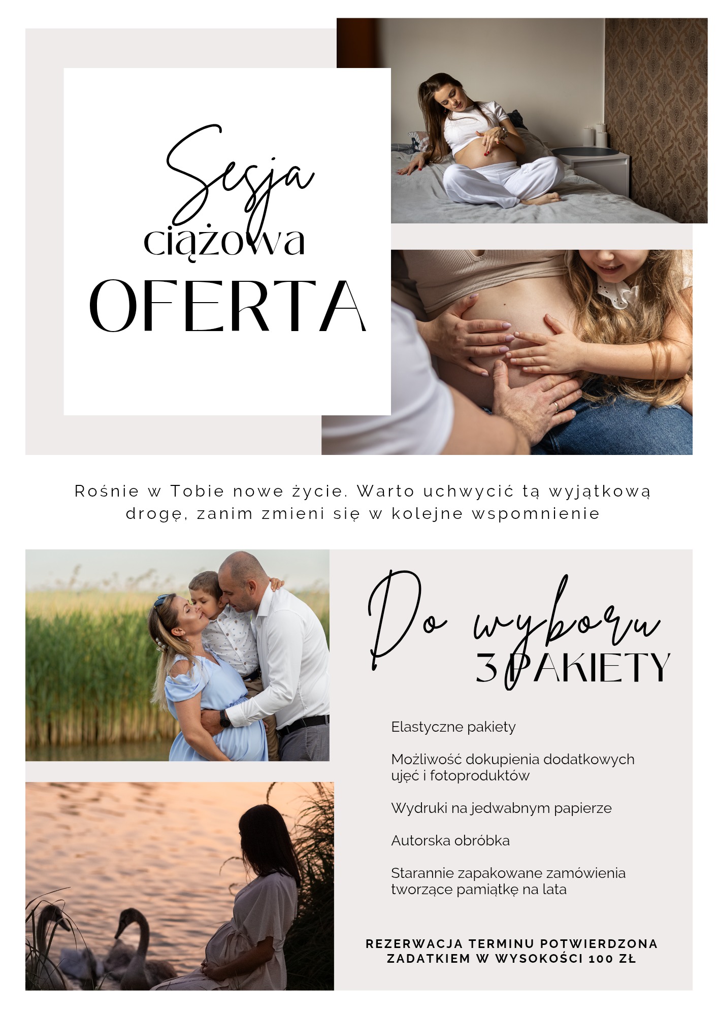 Kolaż zdjęć z sesji ciążowej: przyszła mama na łóżku, dłoń dziecka na brzuchu, rodzina w plenerze, kobieta nad wodą. Oferta z pakietami i rezerwacją terminu.