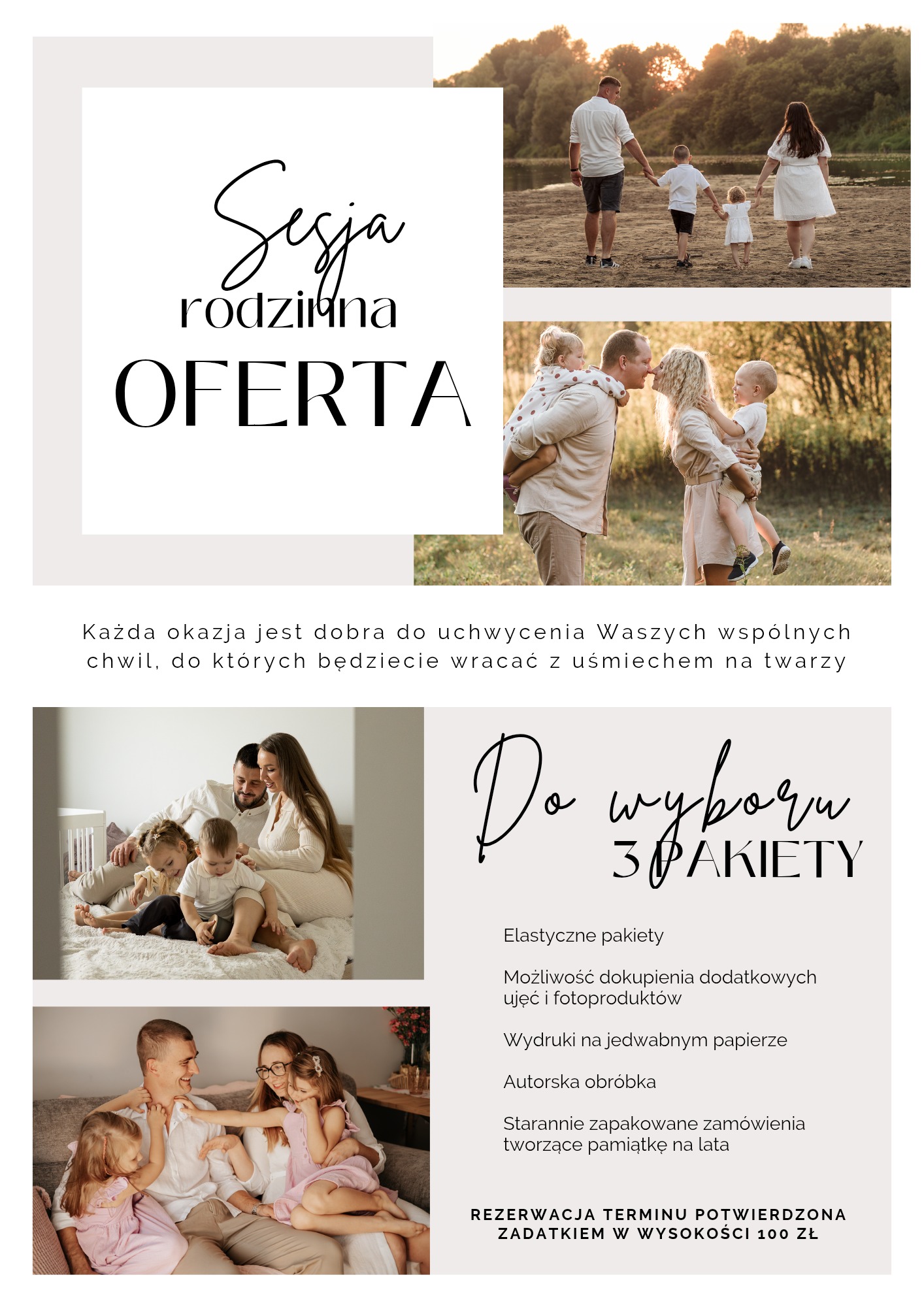 Oferta sesji rodzinnej: kolaż zdjęć rodzinnych w ciepłych barwach, z tekstem o pakietach i rezerwacji. Romantyczne ujęcia w plenerze i w studio.