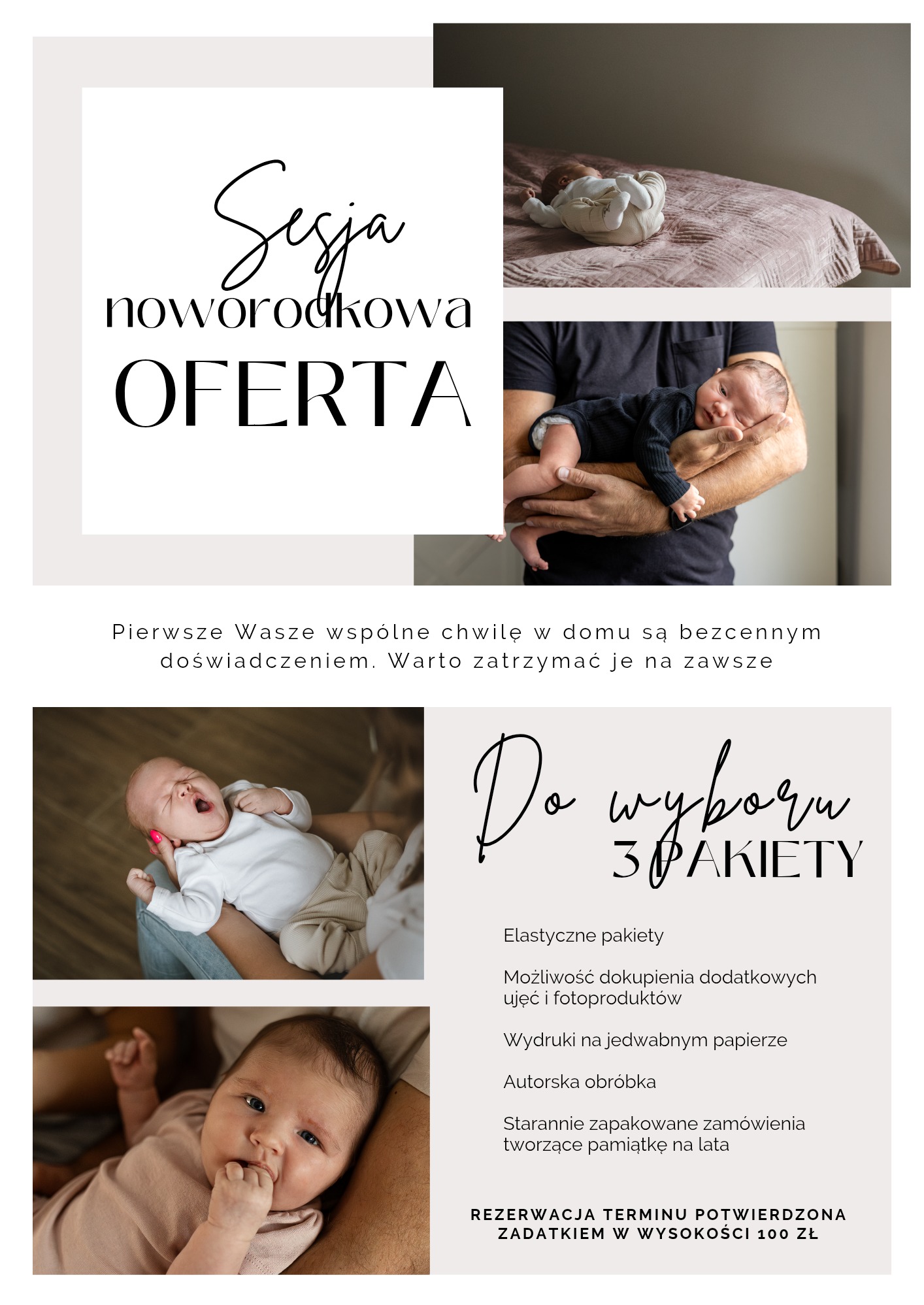Kolaż zdjęć noworodków w różnych ujęciach, promujący ofertę sesji noworodkowej z elastycznymi pakietami i autorską obróbką, rezerwacja z zadatkiem.