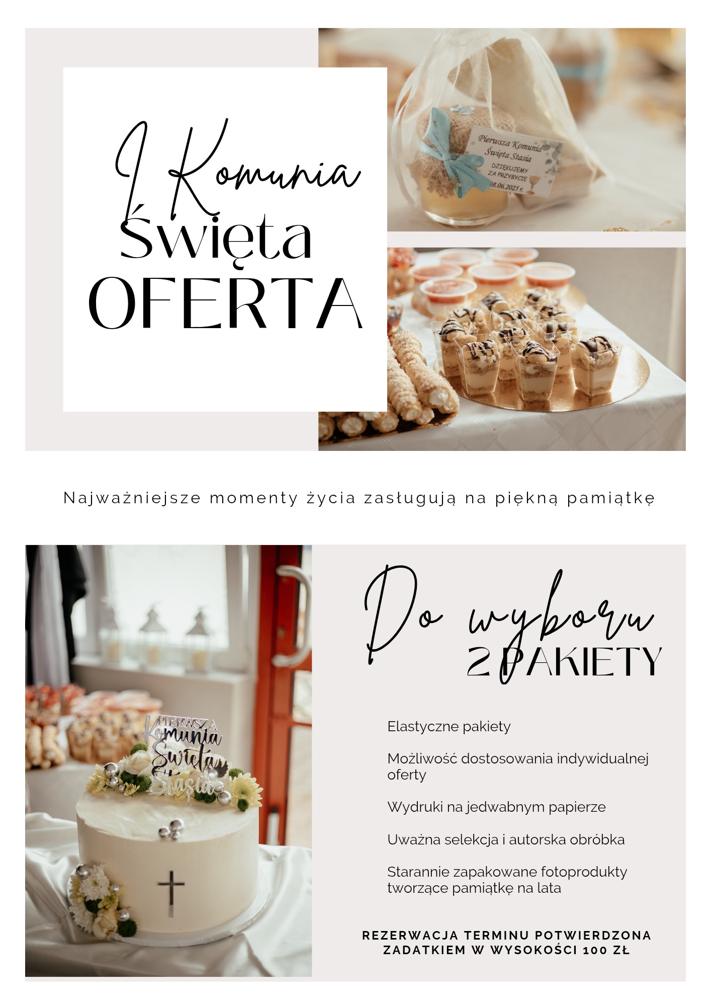 Kompozycja z tortem komunijnym, słodkościami i upominkami, oferta pakietów fotograficznych na Pierwszą Komunię Świętą Stasi, z rezerwacją terminu i zadatkiem.