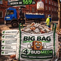 Budmed4 sp z o.o. - Reklama firmy Budmed4: Big Bag na gruz i odpady poremontowe. Worek od 169 zł. Na pierwszym planie worek z gruzem, w tle ciężarówka z HDS i pracownik w kamizelce.