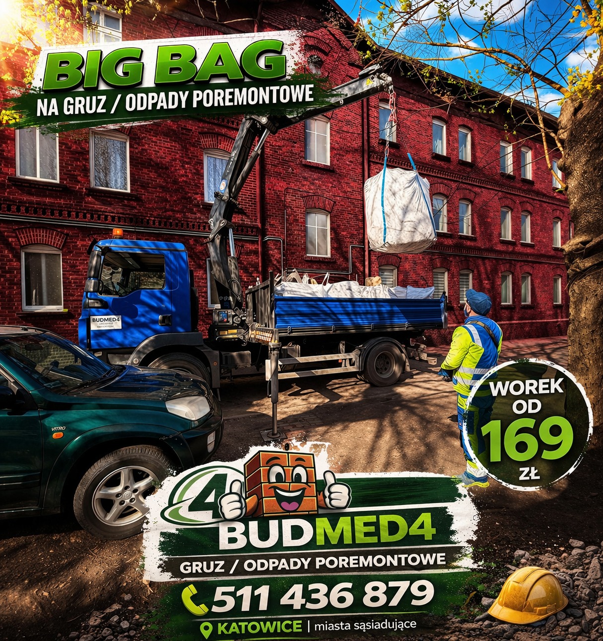 Usługa wywozu odpadów poremontowych Big Bag: niebieska ciężarówka z dźwigiem podnosi biały worek Big Bag na tle czerwonego budynku. Reklama firmy Budmed4 z Katowic.