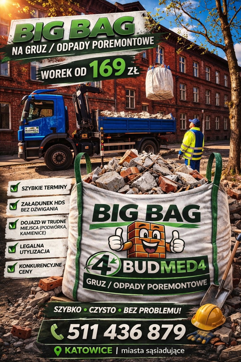 Reklama firmy Budmed4: Big Bag na gruz i odpady poremontowe. Worek od 169 zł. Na pierwszym planie worek z gruzem, w tle ciężarówka z HDS i pracownik w kamizelce.
