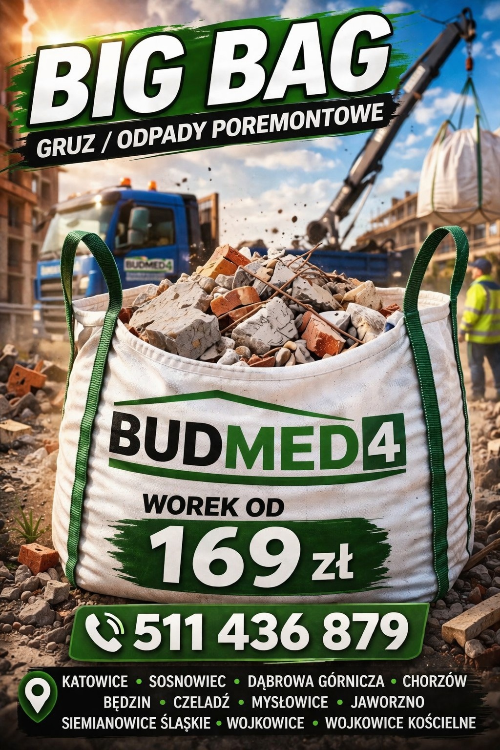 Worek Big Bag wypełniony gruzem i odpadami poremontowymi, na tle niebieskiej ciężarówki i dźwigu. Widoczny numer telefonu i lokalizacje świadczenia usług.