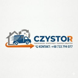 Czystor - Grafika firmowa: stylizowany transport ciężarowy z domu, strzałka, nazwa 'CZYSTOR', usługi: przeprowadzki, wywóz śmieci, transport gabarytów, kontakt telefoniczny.