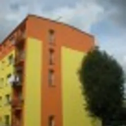 Wielorodzinny budynek z nową, dwukolorową elewacją w odcieniach żółci i pomarańczy, widoczny z poziomu ulicy, z drzewem w prawym dolnym rogu kadru.