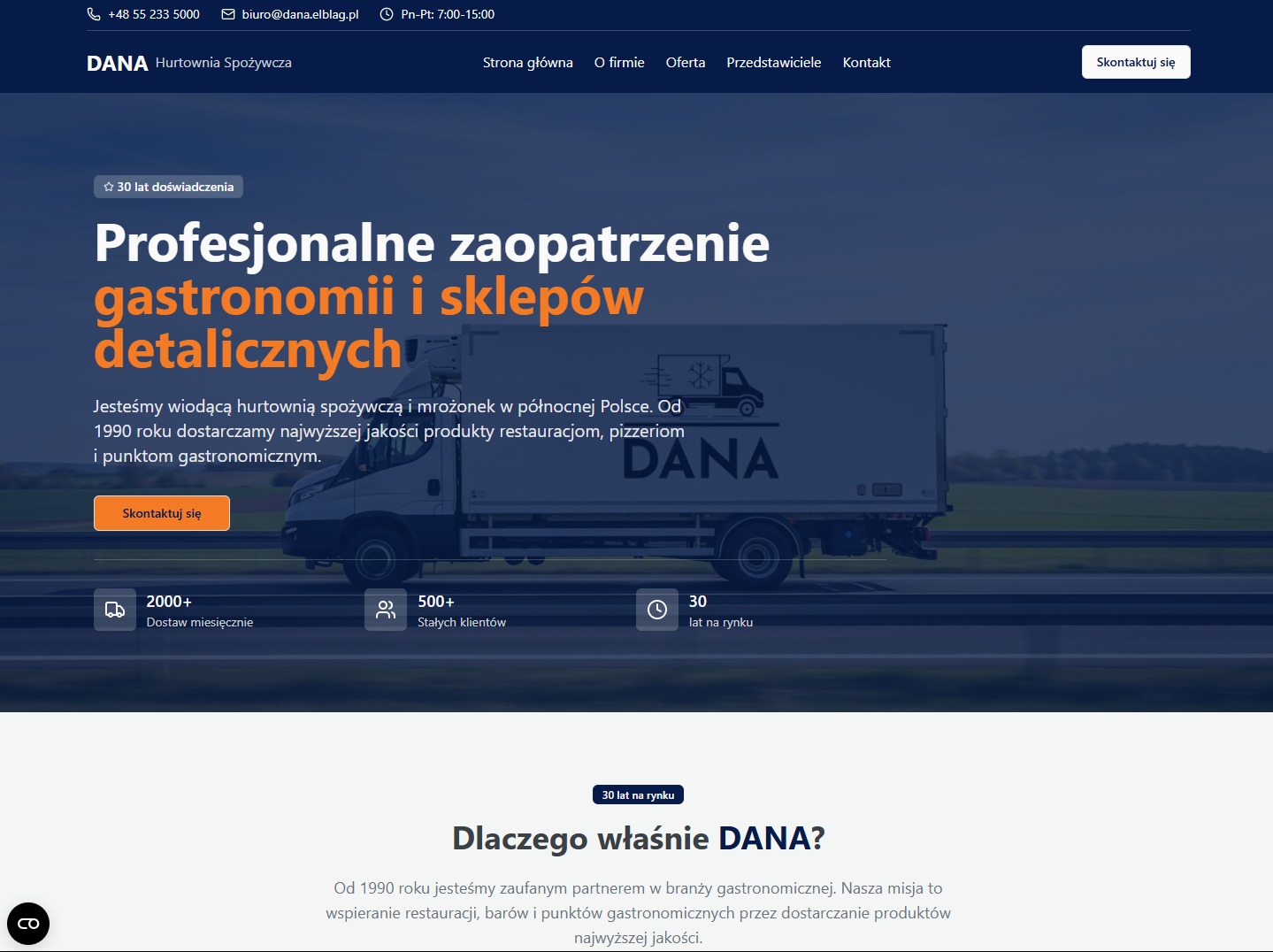 Strona internetowa hurtowni spożywczej DANA z hasłem 'Profesjonalne zaopatrzenie gastronomii i sklepów detalicznych' oraz zdjęciem firmowej ciężarówki.