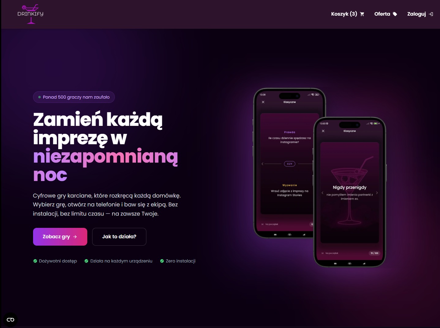 Drinkify: strona z ofertą cyfrowych gier karcianych na telefony. Fioletowe tło, dwa telefony z interfejsem gry. Napis: Zamień każdą imprezę w niezapomnianą noc.