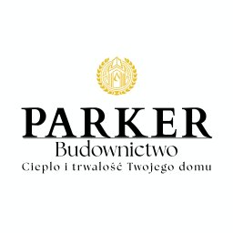 PARKER Budownictwo - Logo firmy budowlanej Parker Budownictwo z symbolem domu w złotym wieńcu i hasłem 'Ciepło i trwałość Twojego domu'.
