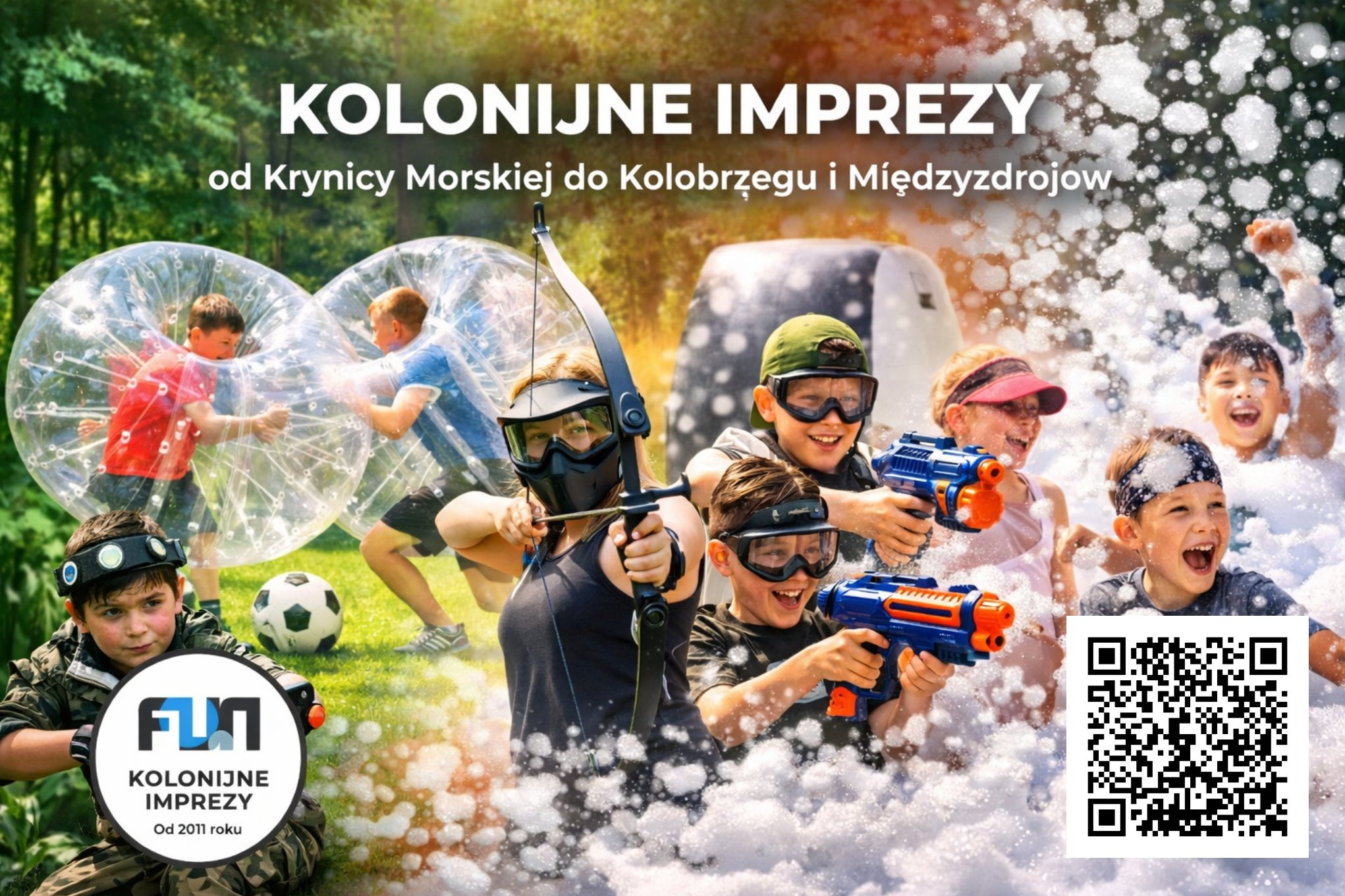 Kolonijne imprezy: dzieci w kulach, z łukiem i pistoletami na wodę, zabawa w pianie. Logo firmy w rogu i kod QR. Aktywny wypoczynek dla dzieci i młodzieży.