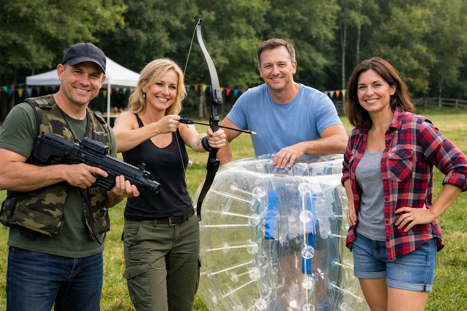 Grupa osób uśmiechnięta, w plenerze, z łukiem, repliką broni i dmuchaną kulą. Atrakcje eventowe na świeżym powietrzu, aktywności integracyjne.