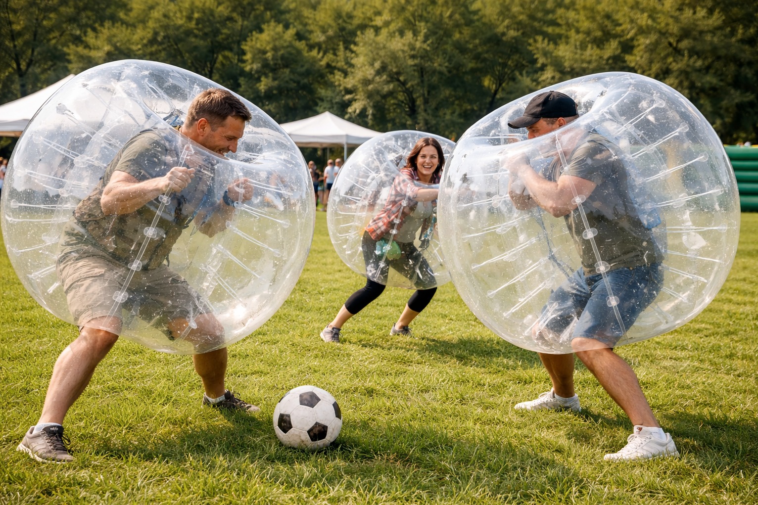 Trzy osoby w przezroczystych kulach na trawie, grające w piłkę nożną. W tle widoczny namiot i drzewa. Dynamiczne ujęcie z perspektywy trawy.