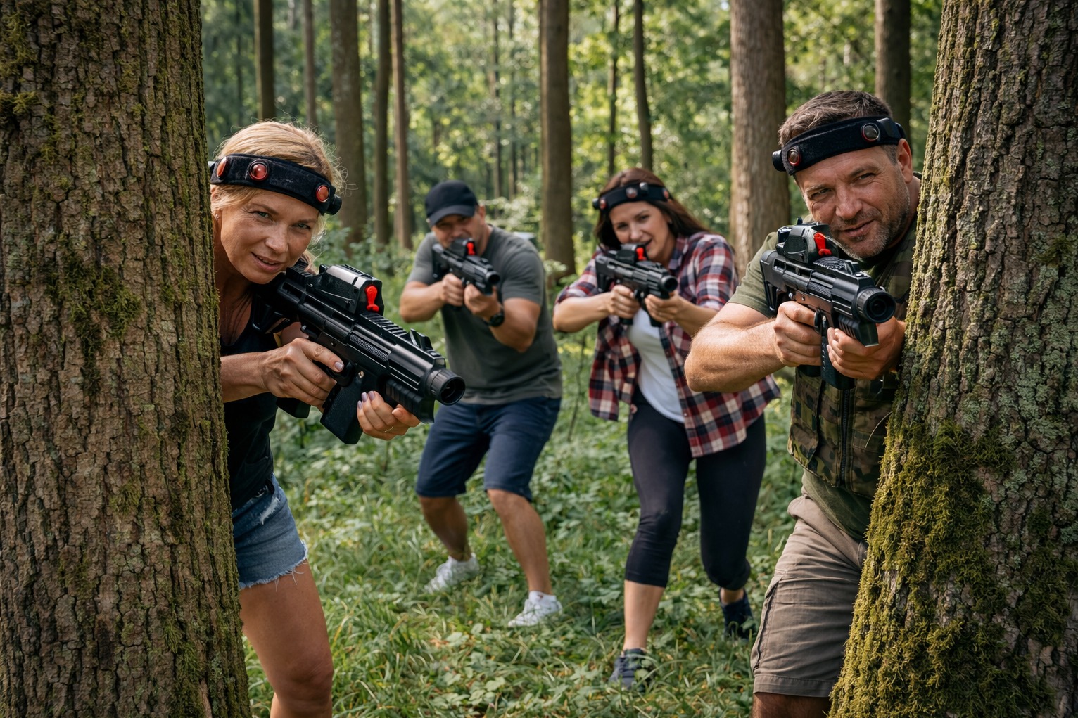 Grupa czterech osób w lesie, celujących z laserowych pistoletów, ukrytych za drzewami. Zabawa w laserowy paintball, aktywność na świeżym powietrzu.