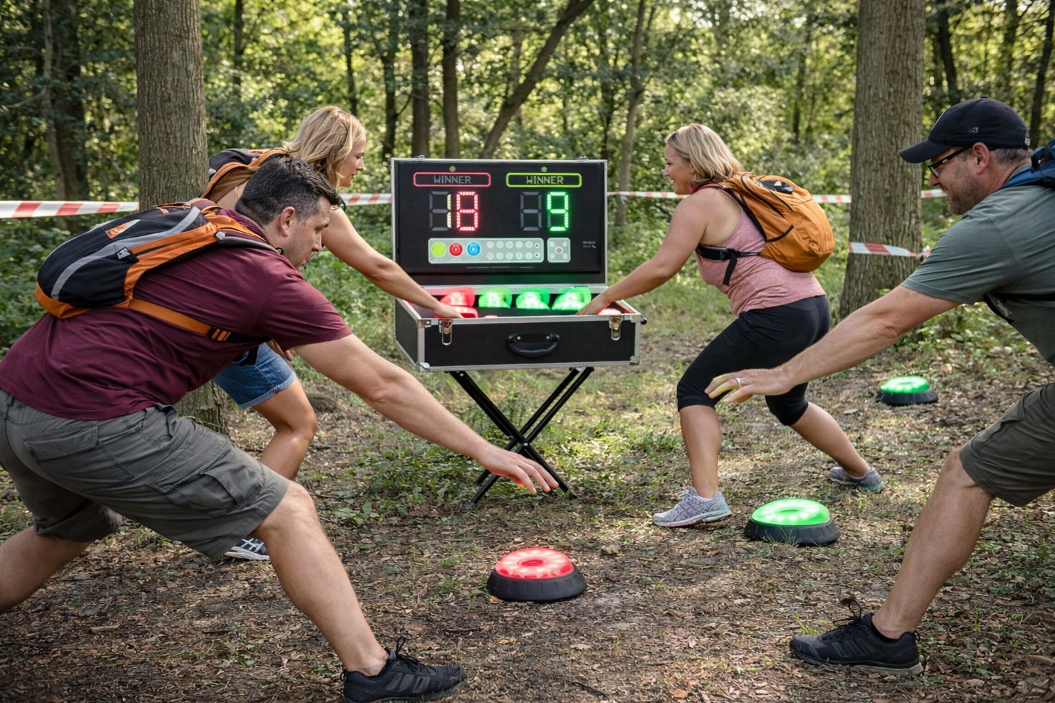 Interaktywna gra zespołowa na świeżym powietrzu. Uczestnicy rywalizują, dotykając podświetlanych przycisków. Wynik wyświetlany na przenośnym panelu LED.