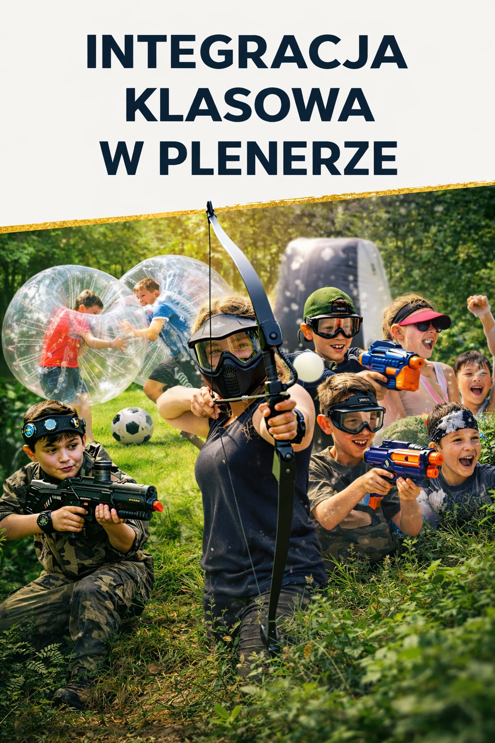 Integracja klasowa w plenerze: dzieci z łukami, pistoletami na kulki i w dmuchanych kulach, zabawa na świeżym powietrzu, aktywny wypoczynek, impreza tematyczna.