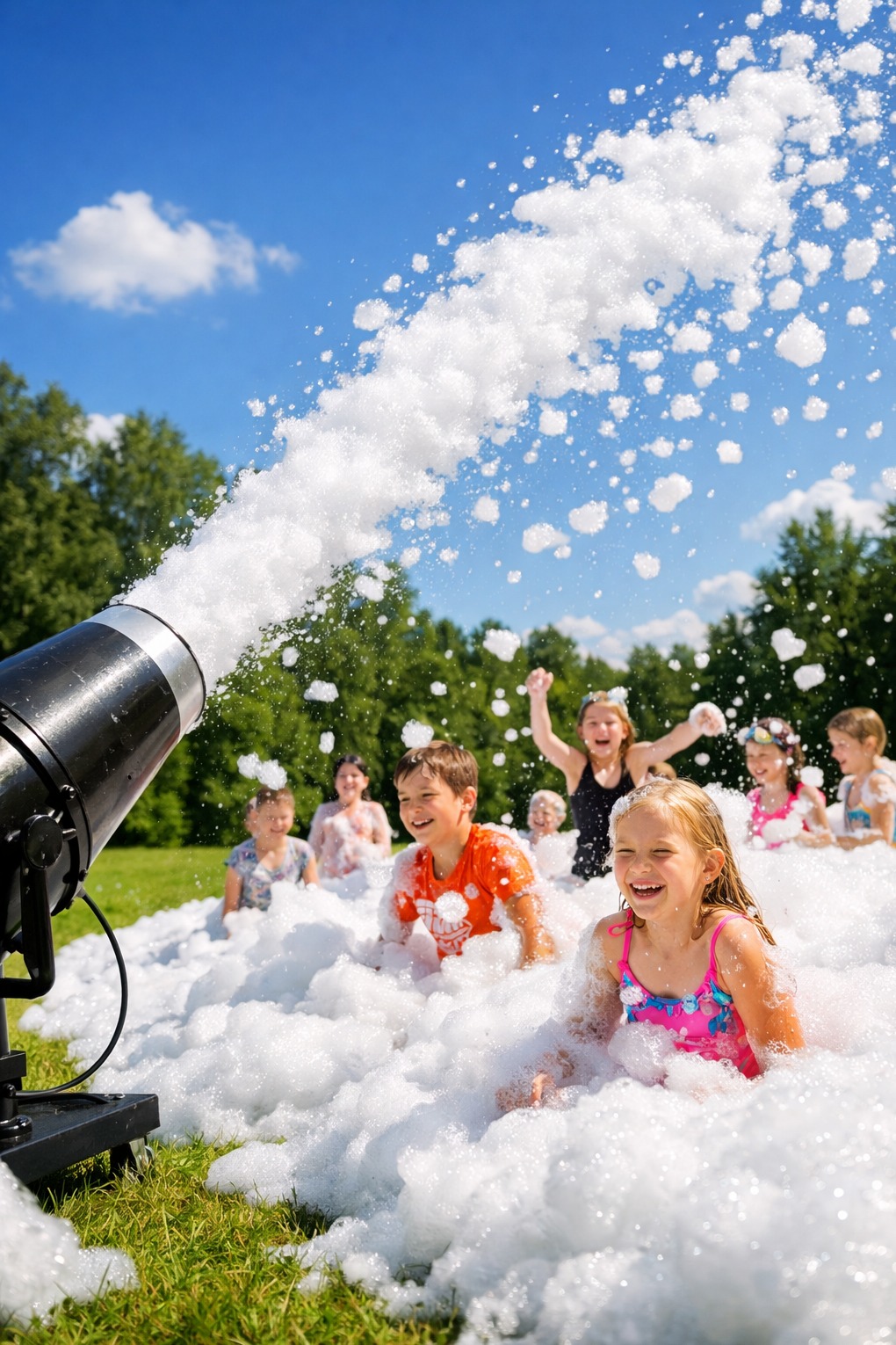 Dzieci bawią się w pianie wytwarzanej przez maszynę do piany na zielonej trawie w słoneczny dzień. Radosna zabawa na imprezie plenerowej.