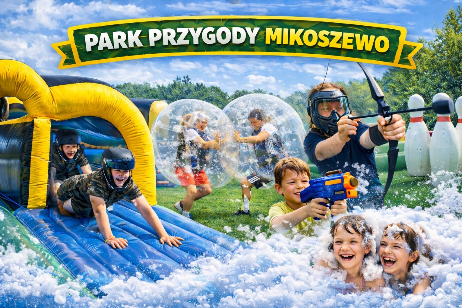 Park Przygody Mikoszewo: dzieci zjeżdżają na dmuchanej zjeżdżalni, grają w bubble football, strzelają z łuku i bawią się w pianie. Aktywny wypoczynek dla całej rodziny.