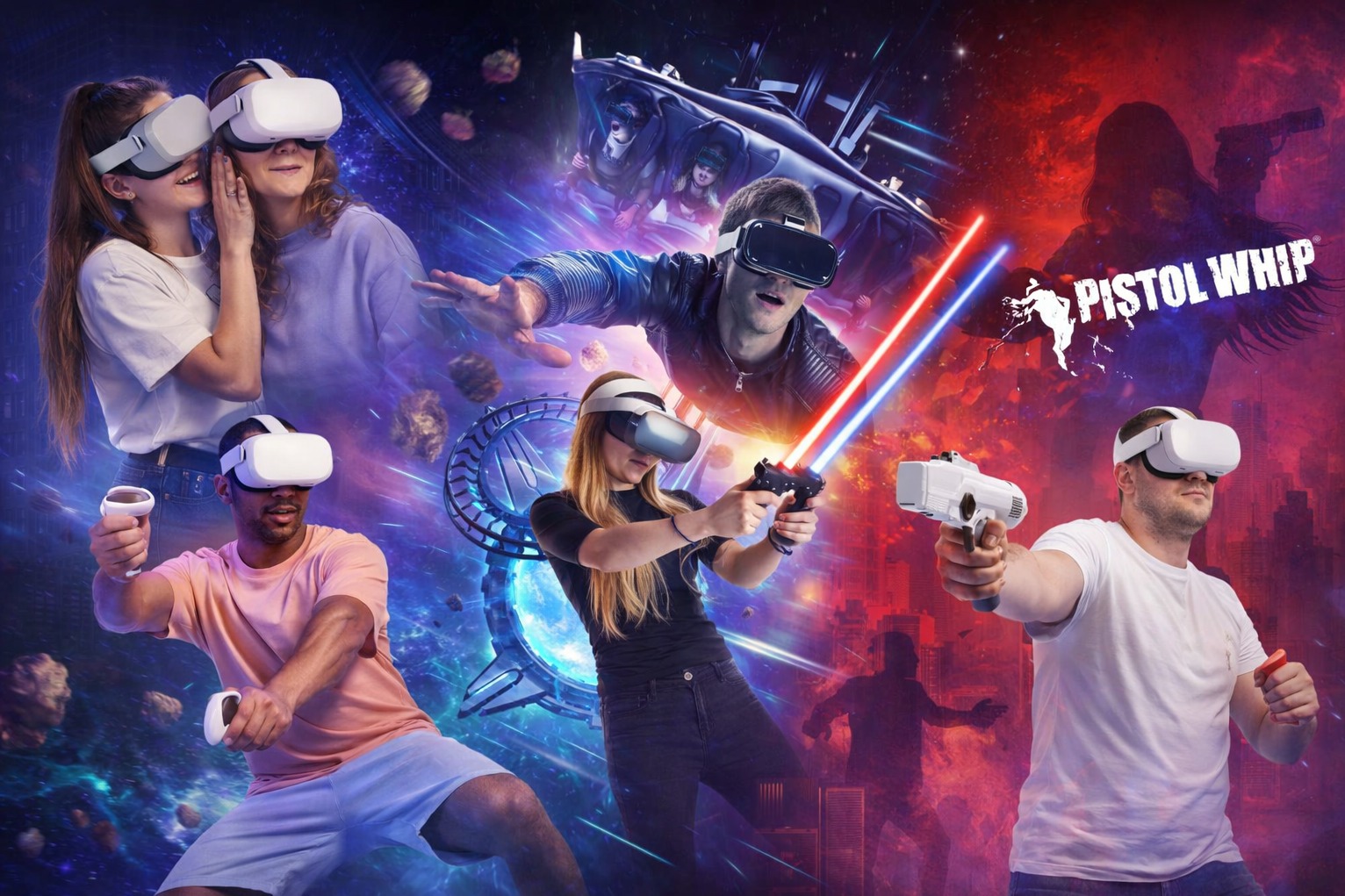 Grupa osób w goglach VR, grających w wirtualną strzelankę z mieczami świetlnymi i pistoletami na tle futurystycznego miasta i kosmicznych elementów.