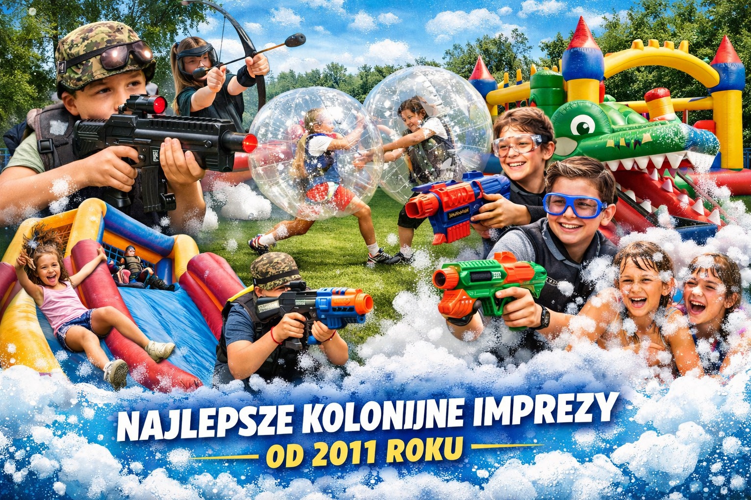 Kolorowe atrakcje dla dzieci: dmuchańce, bubble football i laser tag. Radosne twarze, dynamiczne ujęcia, plenerowa sceneria. Najlepsze kolonie i imprezy od 2011 roku.