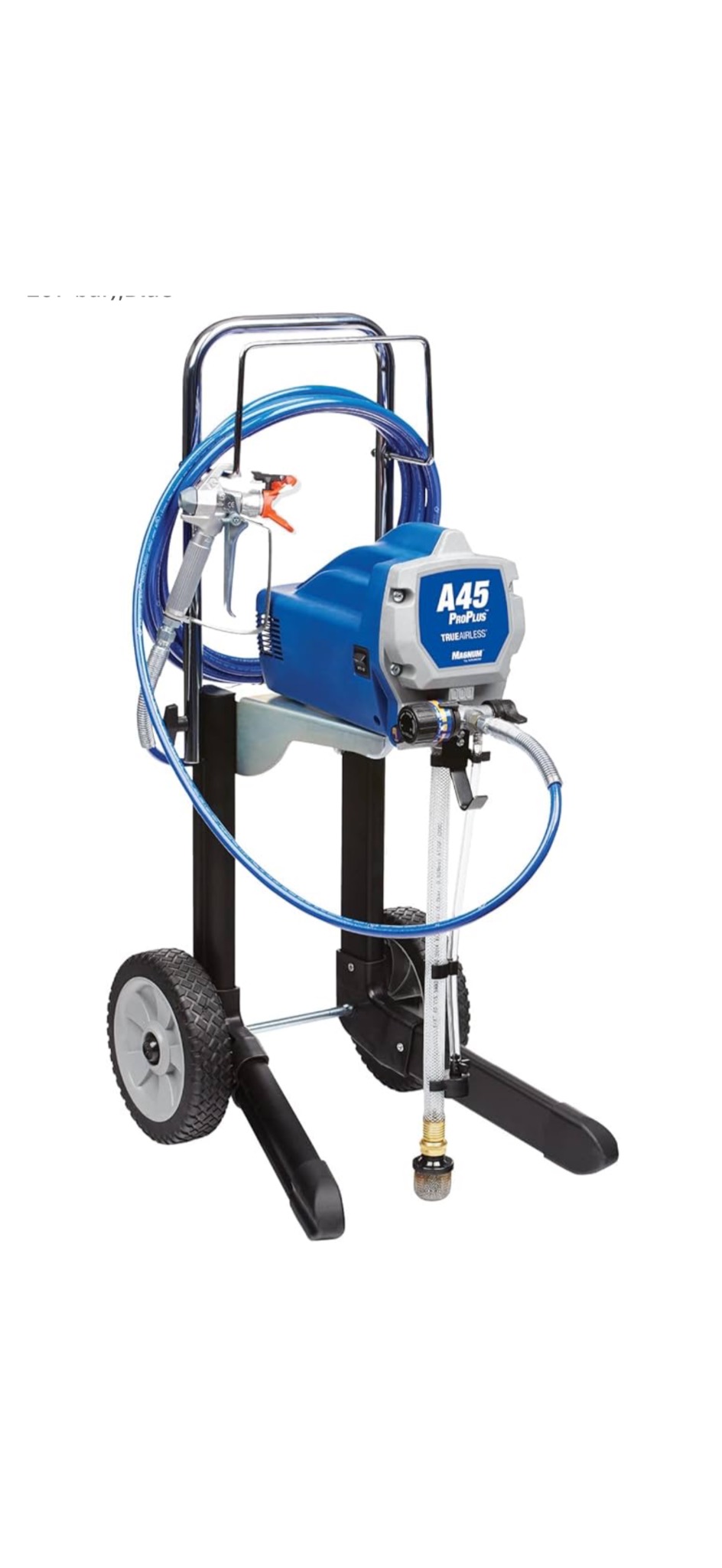 Profesjonalna, mobilna, hydrodynamiczna malowarka natryskowa A45 ProPlus TrueAirless Magnum, z wężem i pistoletem, na czarnym wózku z szarymi kołami.