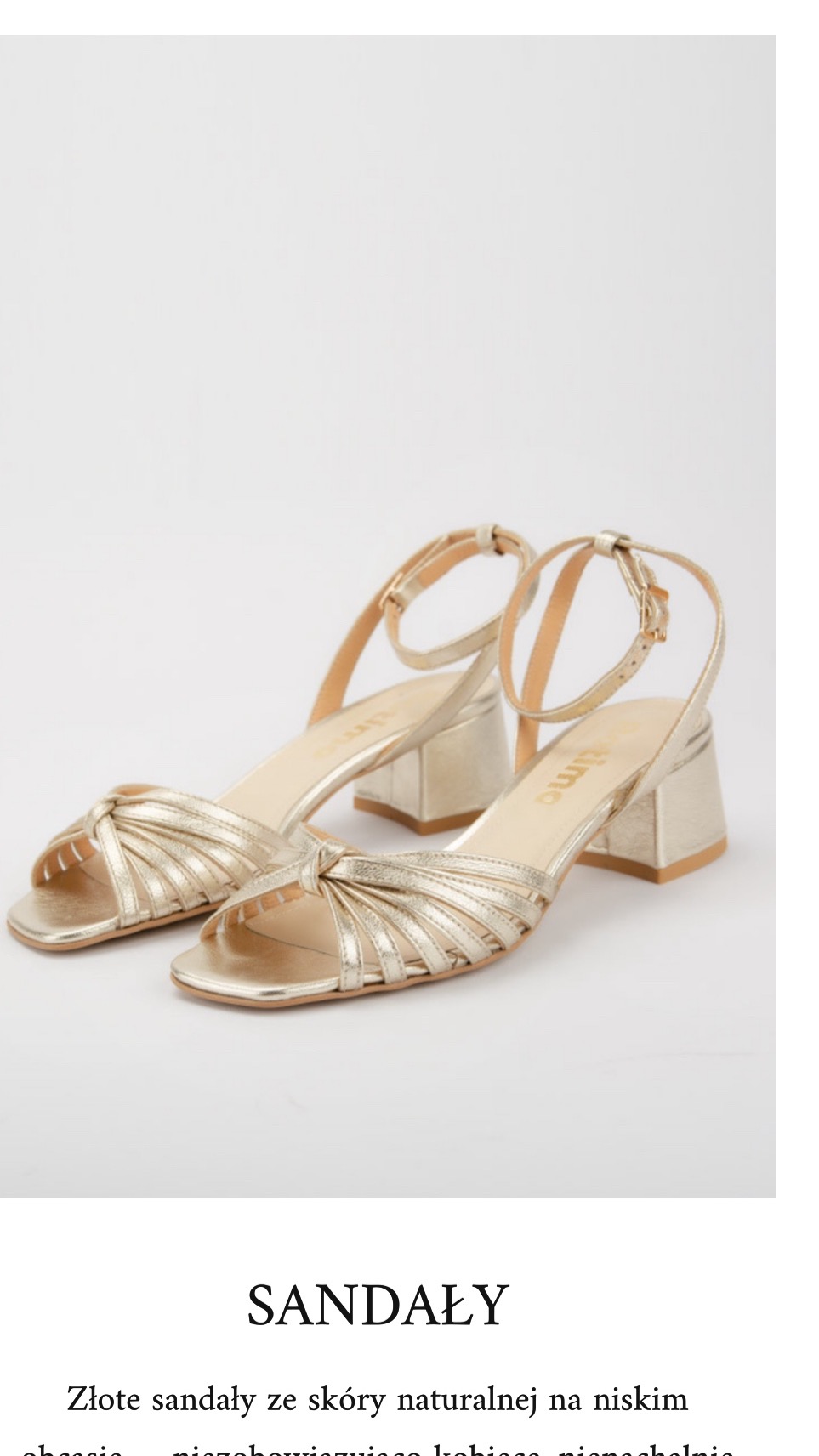 Złote sandały damskie na niskim obcasie, skórzane, z delikatnymi paskami, na białym tle. Fotografia produktowa z Kopanki, prezentująca eleganckie obuwie.