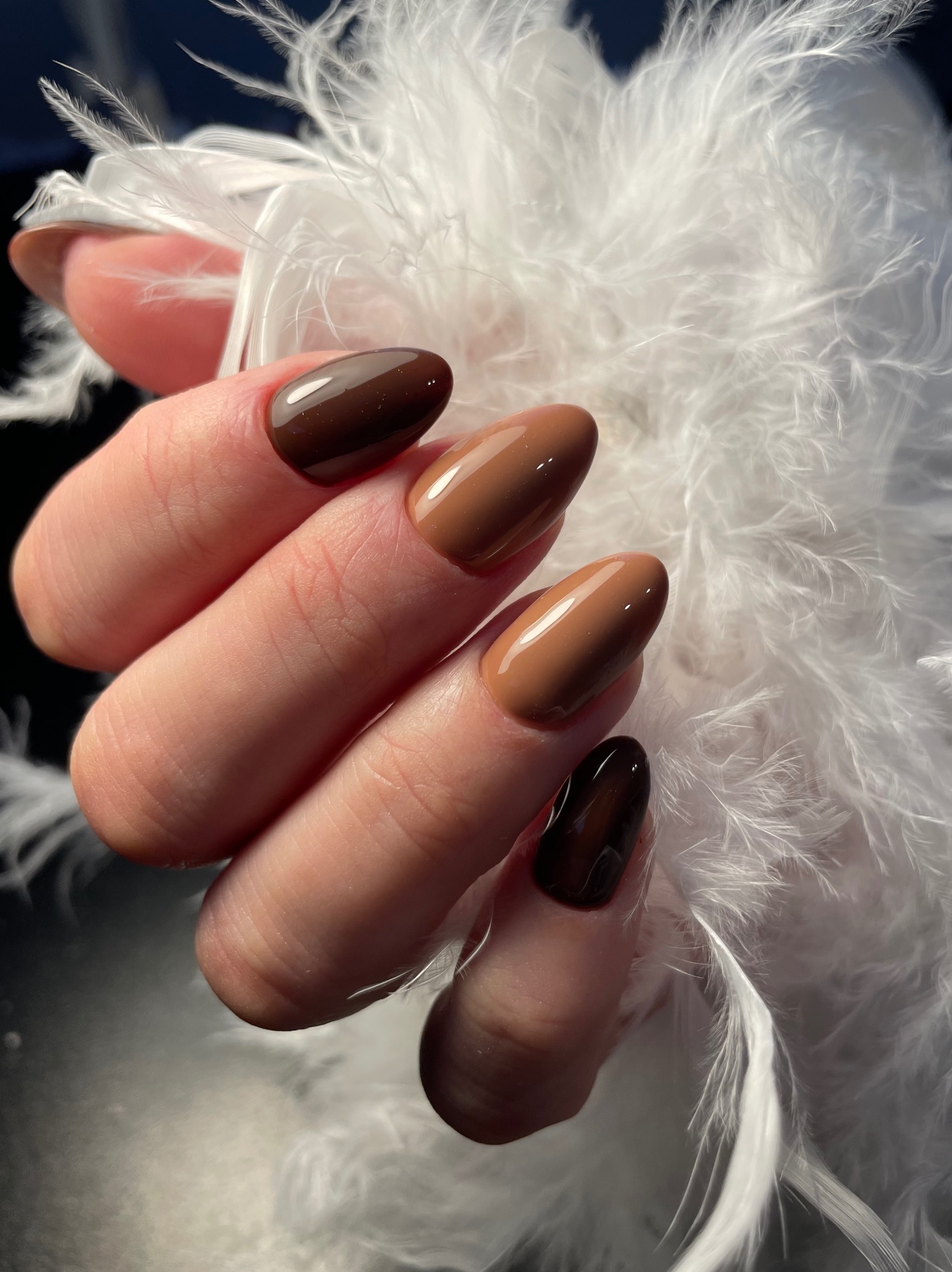 Dłoń z brązowymi paznokciami w dwóch odcieniach, trzymająca białe pióra. Migdałowy kształt paznokci, błyszczące wykończenie. Ciemne tło.