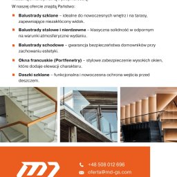 MD Glass & Steel - Nowoczesne balustrady schodowe ze szkła i drewna, okna francuskie z drewnianą ramą oraz logo firmy Glass&Steel na pomarańczowym tle.