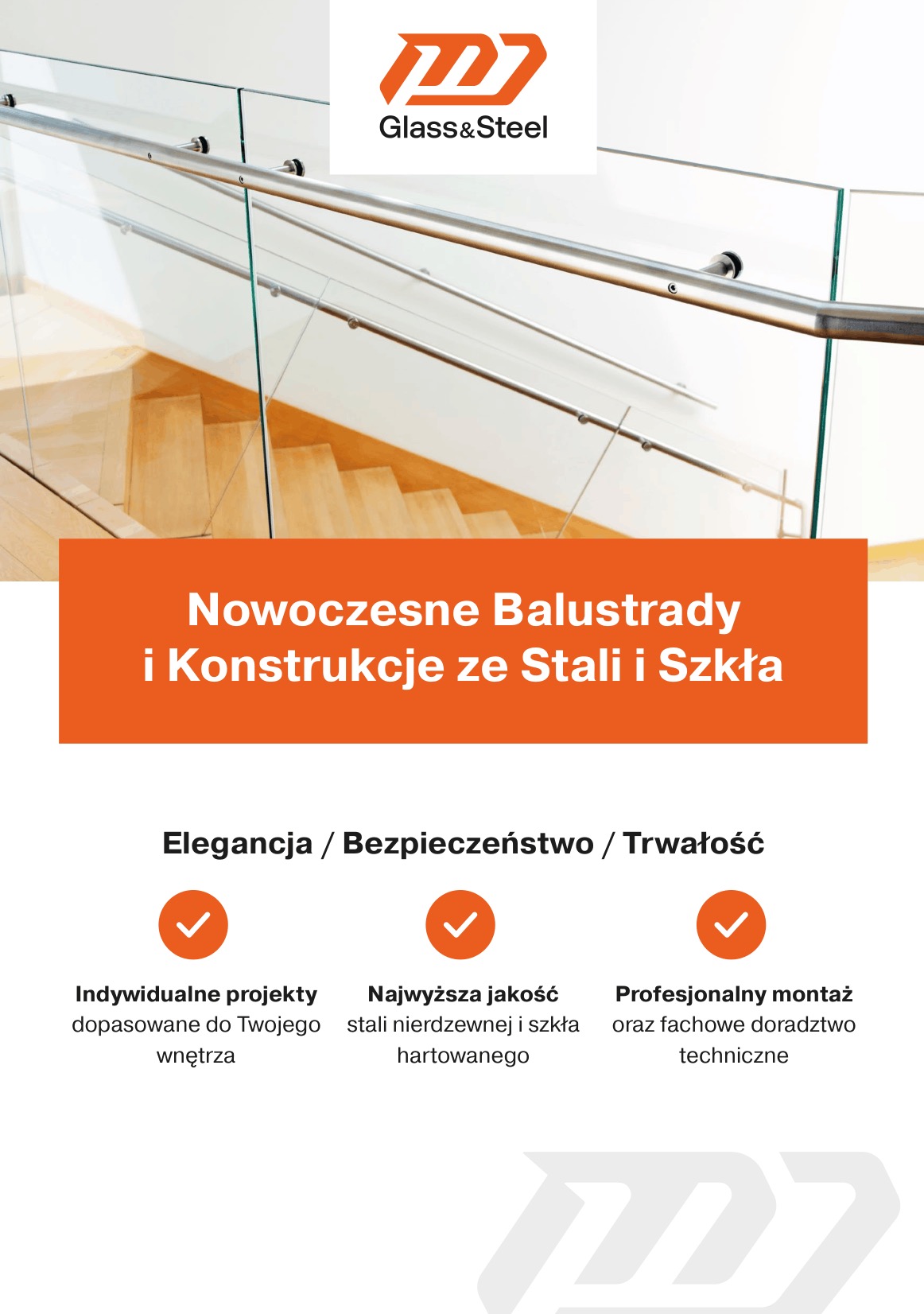 Nowoczesna balustrada szklana ze stalowymi elementami, zamontowana przy drewnianych schodach. Widok z dołu, jasne wnętrze.