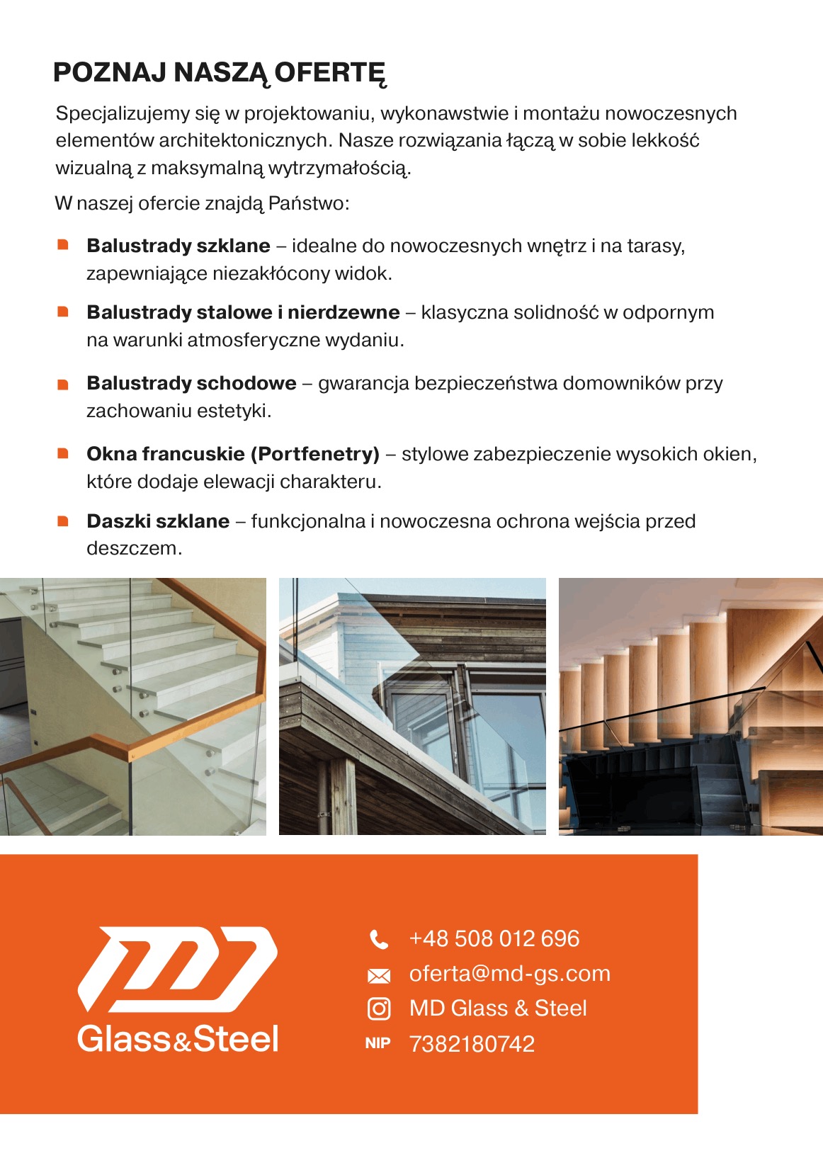 Nowoczesne balustrady schodowe ze szkła i drewna, okna francuskie z drewnianą ramą oraz logo firmy Glass&Steel na pomarańczowym tle.