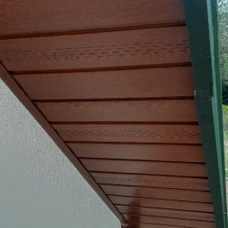 Dachy Paweł Wrzodak - Podbitka dachowa z brązowych paneli imitujących drewno, z zieloną deską czołową i białą ścianą budynku. Widoczna czarna rynna spustowa.